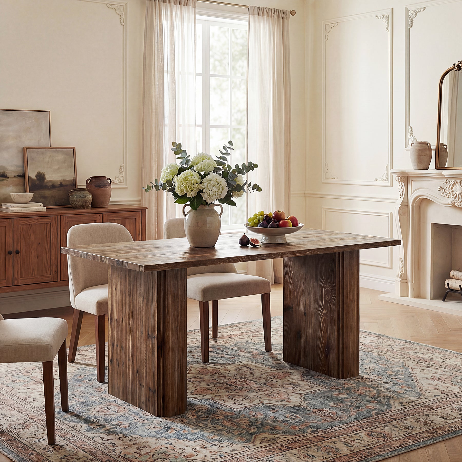 63” Solid Wood Farmhouse Dining Table for 4–6, Rectangular Kitchen Table with Pedestal Base