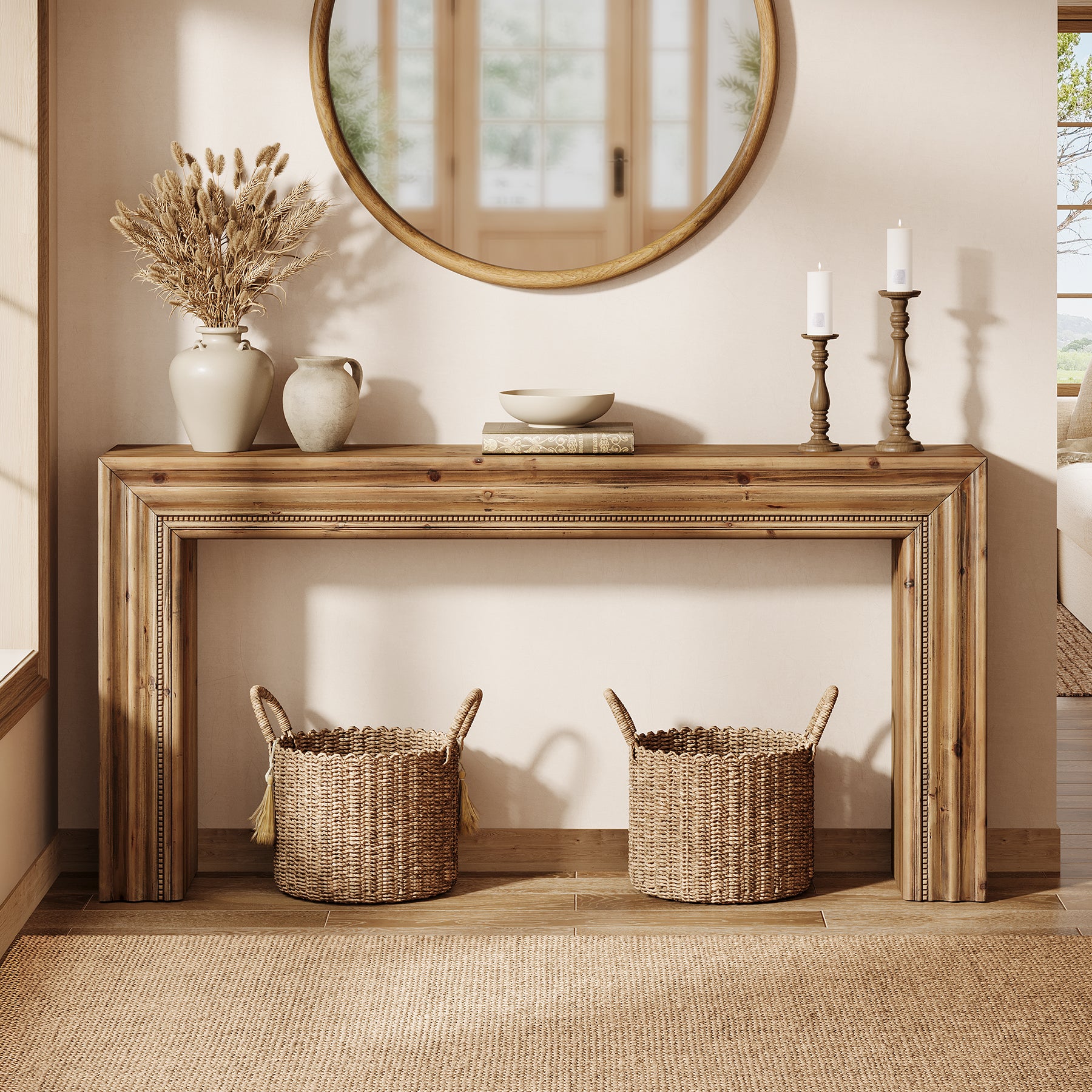 63" Solid Wood Console Table, Narrow Sofa Table Behind Couch with Sculpted Edge