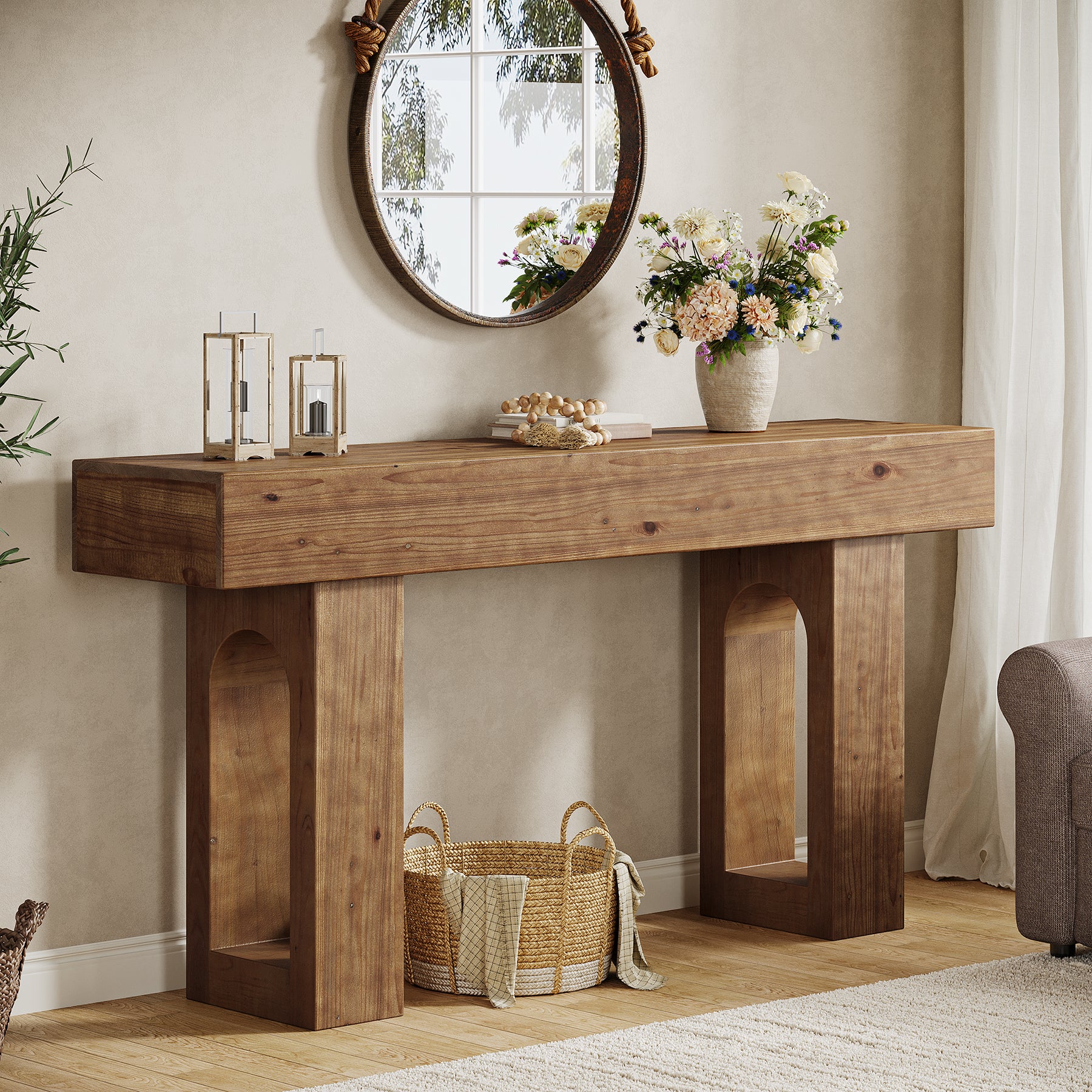 Solid Wood Console Table, 63" Farmhouse Entryway Sofa Table Behind Couch
