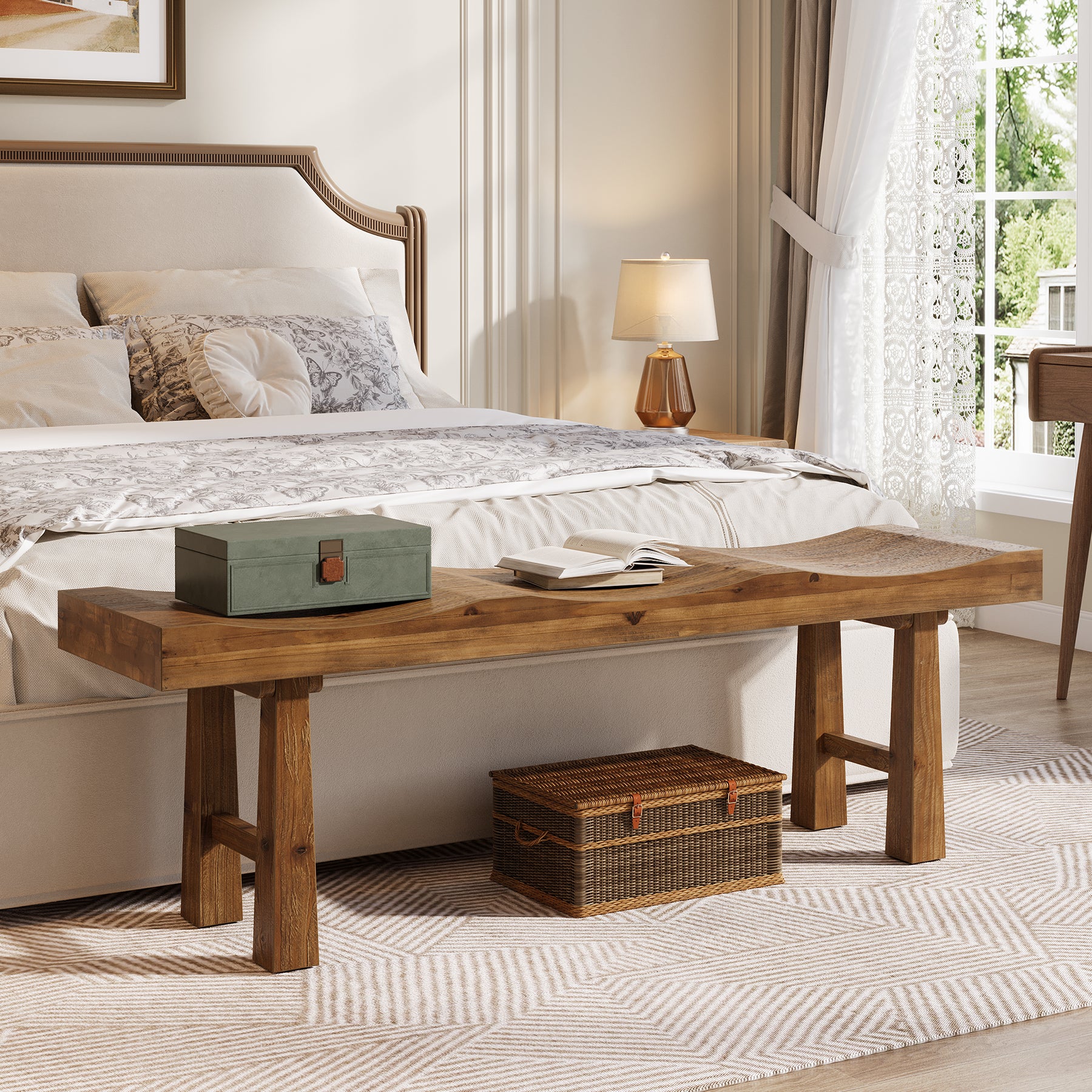 55" Entryway Bench, Solid Wood Storage Bench with Wave-Top Design for Foyer