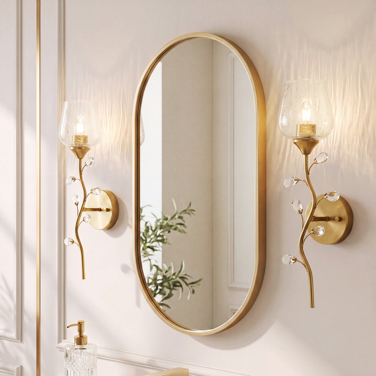 20" Gold Floral Wall Sconce, Crystal Wall Light with Crackle Glass Shade