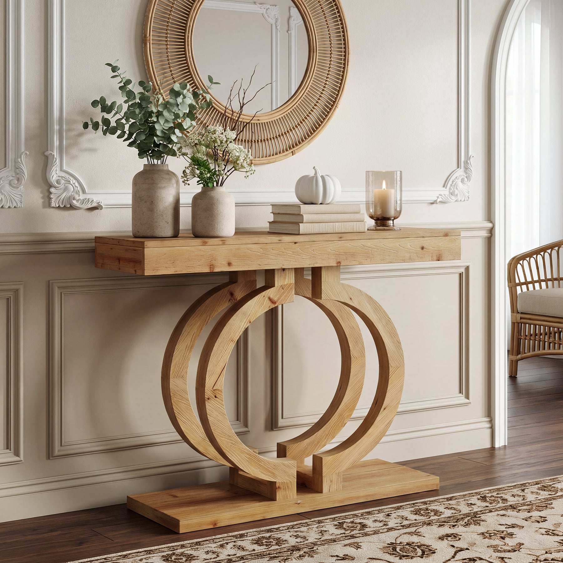 Solid Wood Console Table, 43.3" Entryway Sofa Table with Double-Circle Base for Hallway