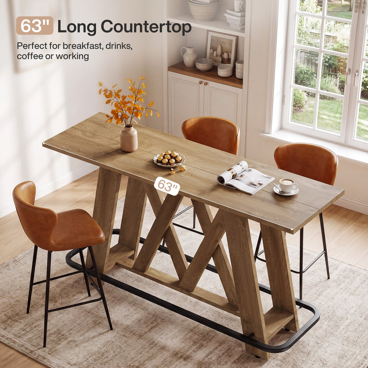 63" Bar Table with A-Frame Legs & Metal Footrest, Rustic Pub Table