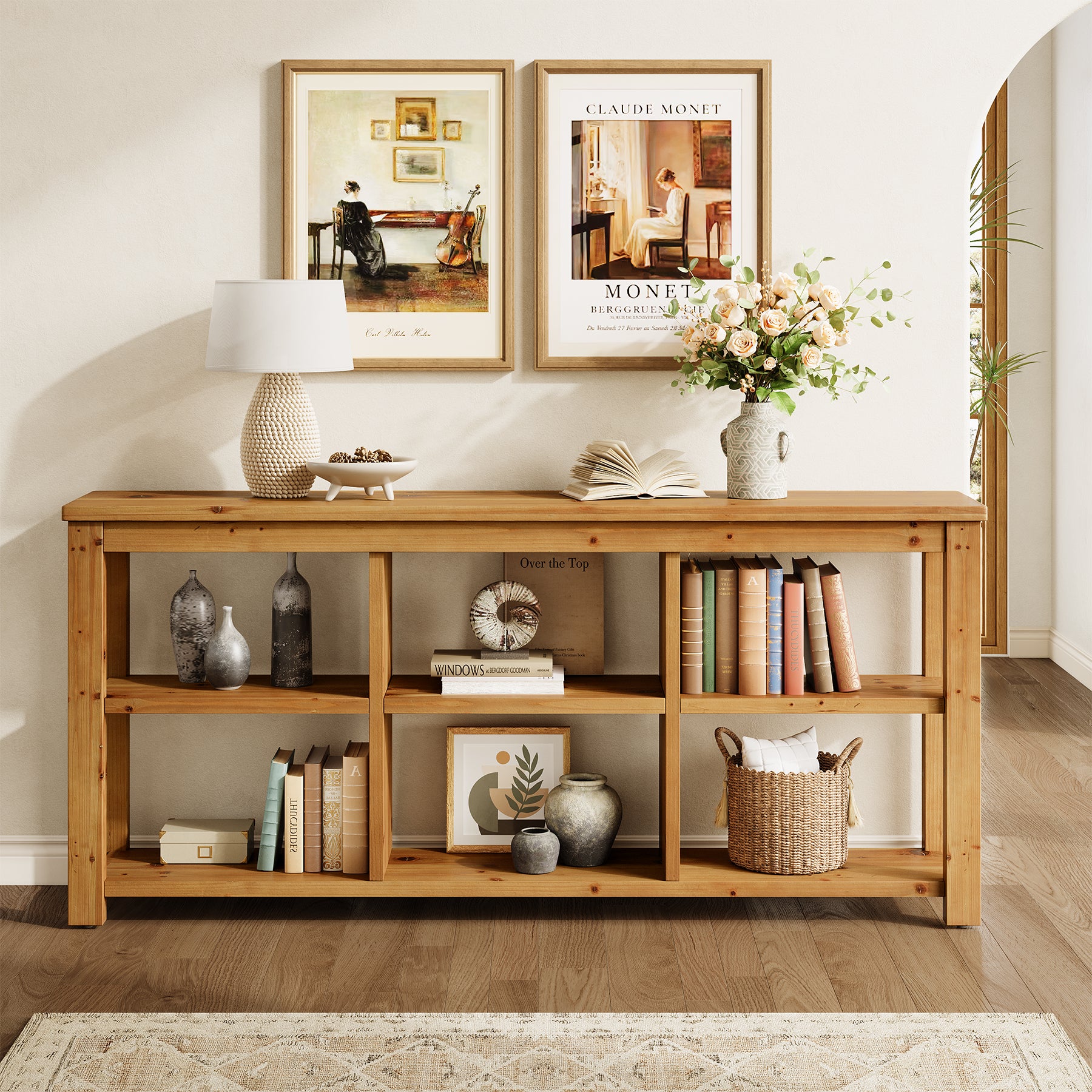 63" Console Table, 3-Tier Solid Wood Sofa Table with 6 Storage Cubes