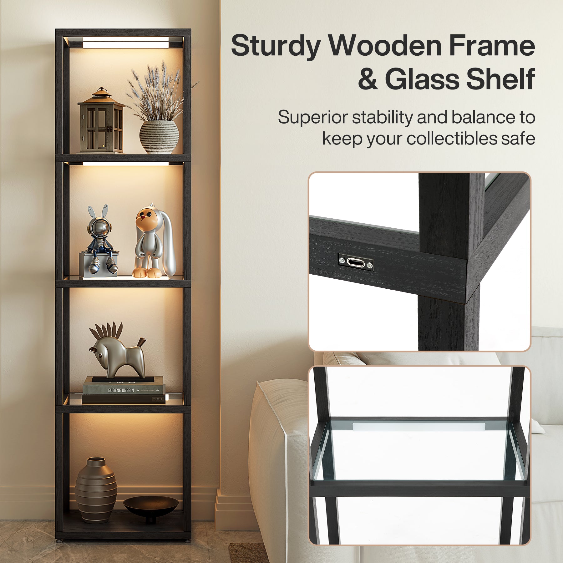 LED Floor Lamp, 4-Tier Bookshelf with Glass Shelves & Light