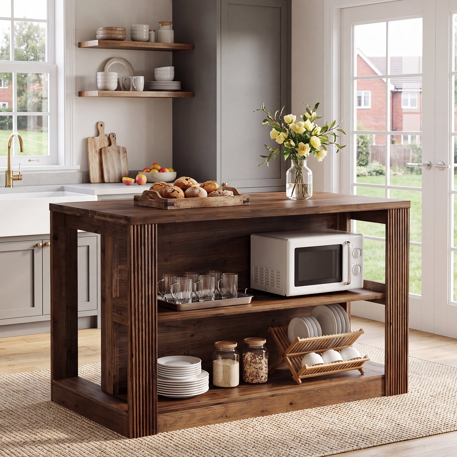 55" Kitchen Island Table, Solid Wood Stationary Storage Islands with 2-Tier Shelves