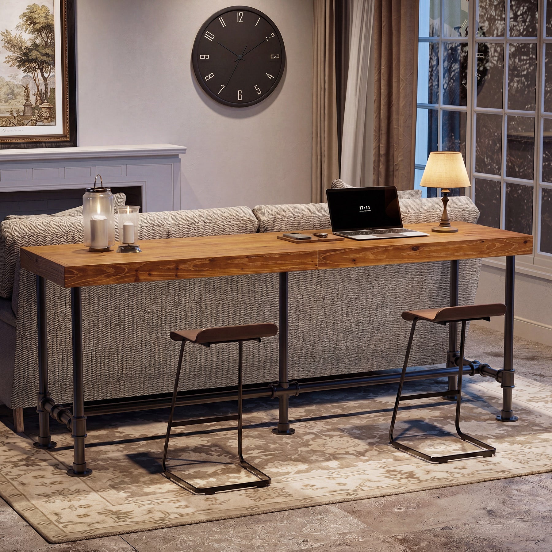 70.87" Solid Wood Bar Table for 6-8 People, Industrial Counter Height Pub Table