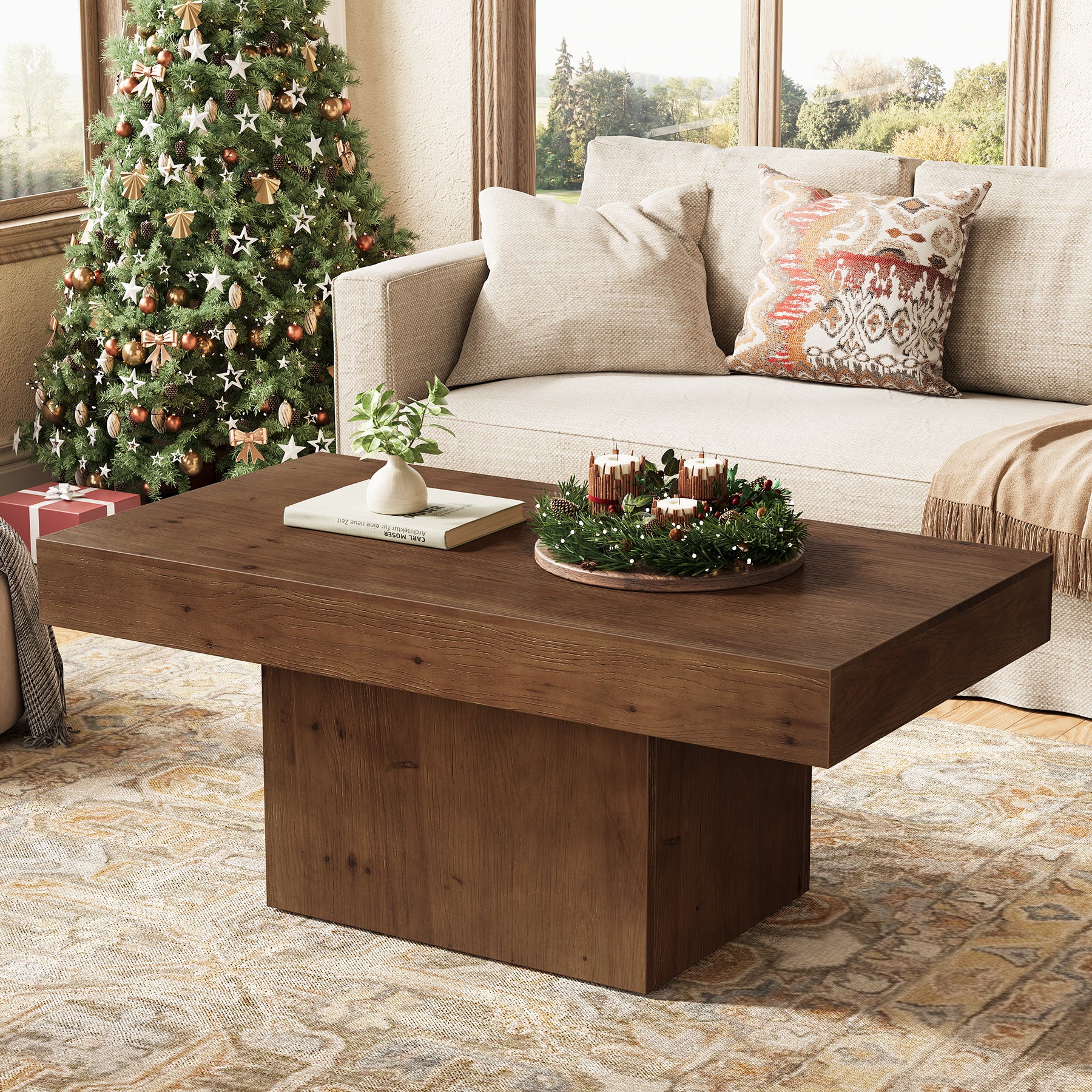 47.24" Solid Wood Coffee Table, Rectangle Center Table with Sturdy Pedestal