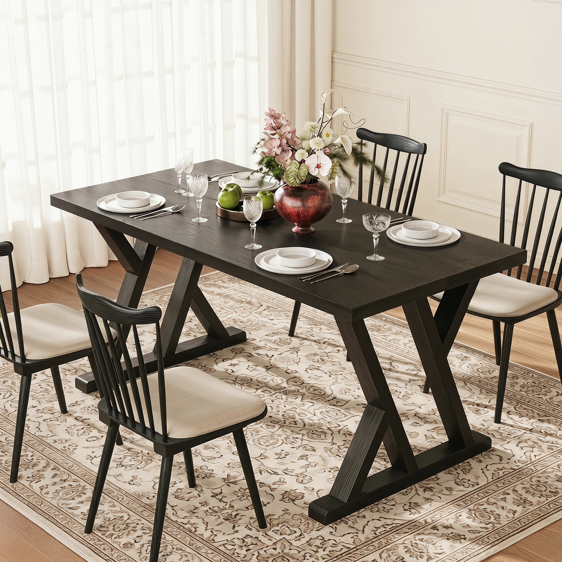 63" Wood Dining Table, Farmhouse Kitchen Dinner Table for 4-6 People