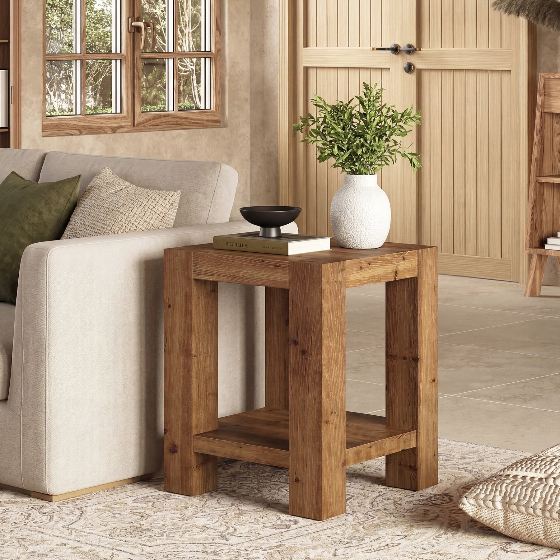 19.6" Farmhouse Side Table, Solid Wood 2-Tier End Table with Storage Shelves