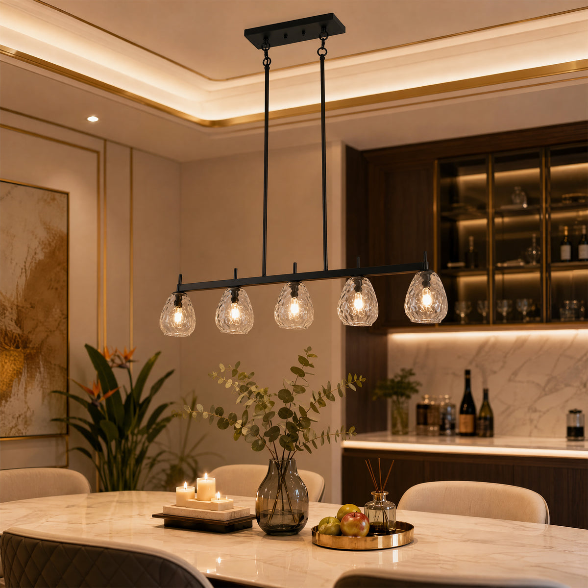 5-Light 41" Black Linear Pendant Light, Kitchen Island Light with Clear Glass Shade