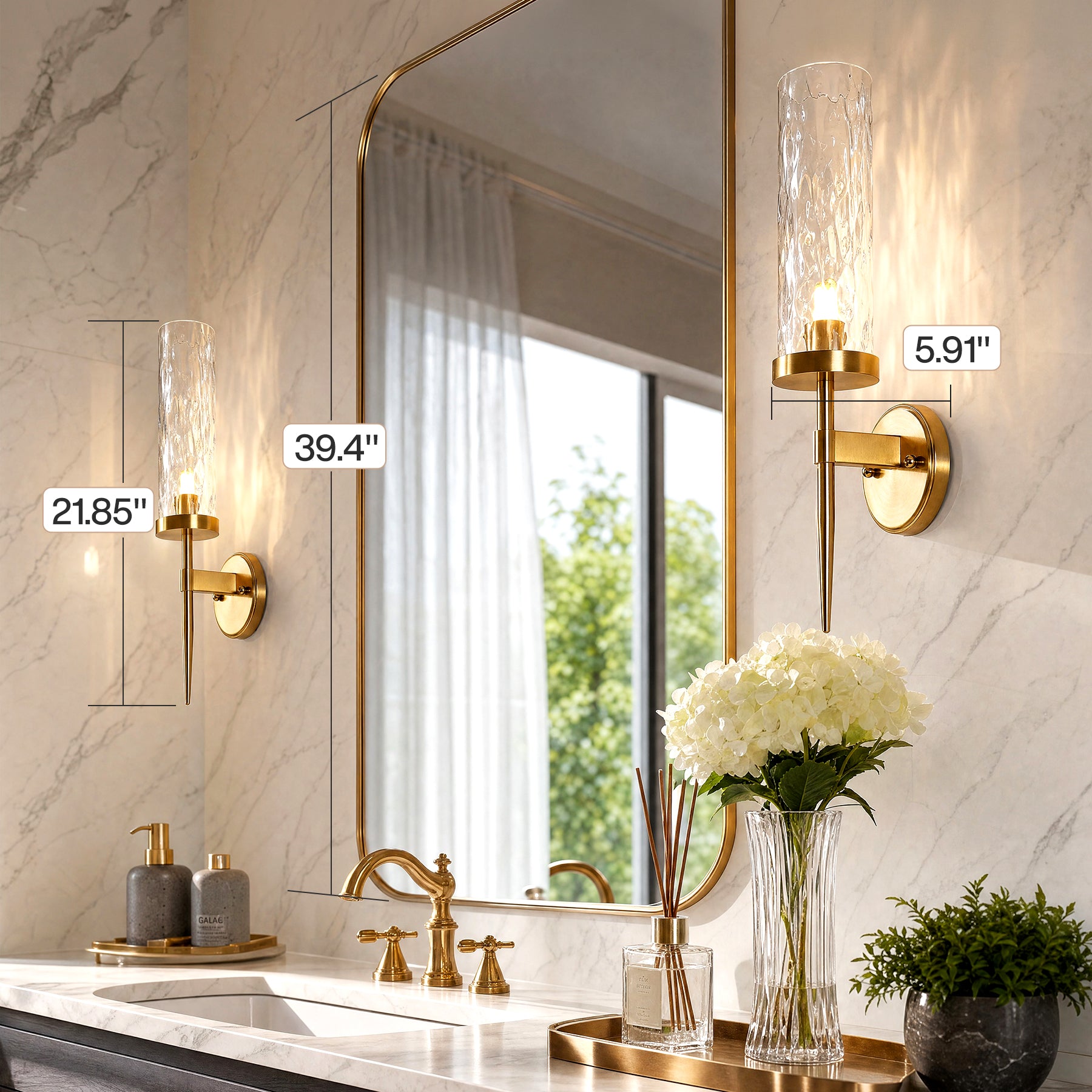 21.85" Modern Wall Sconces Set of 2, Bathroom Vanity Light Fixtures with Water Ripple Glass Shade