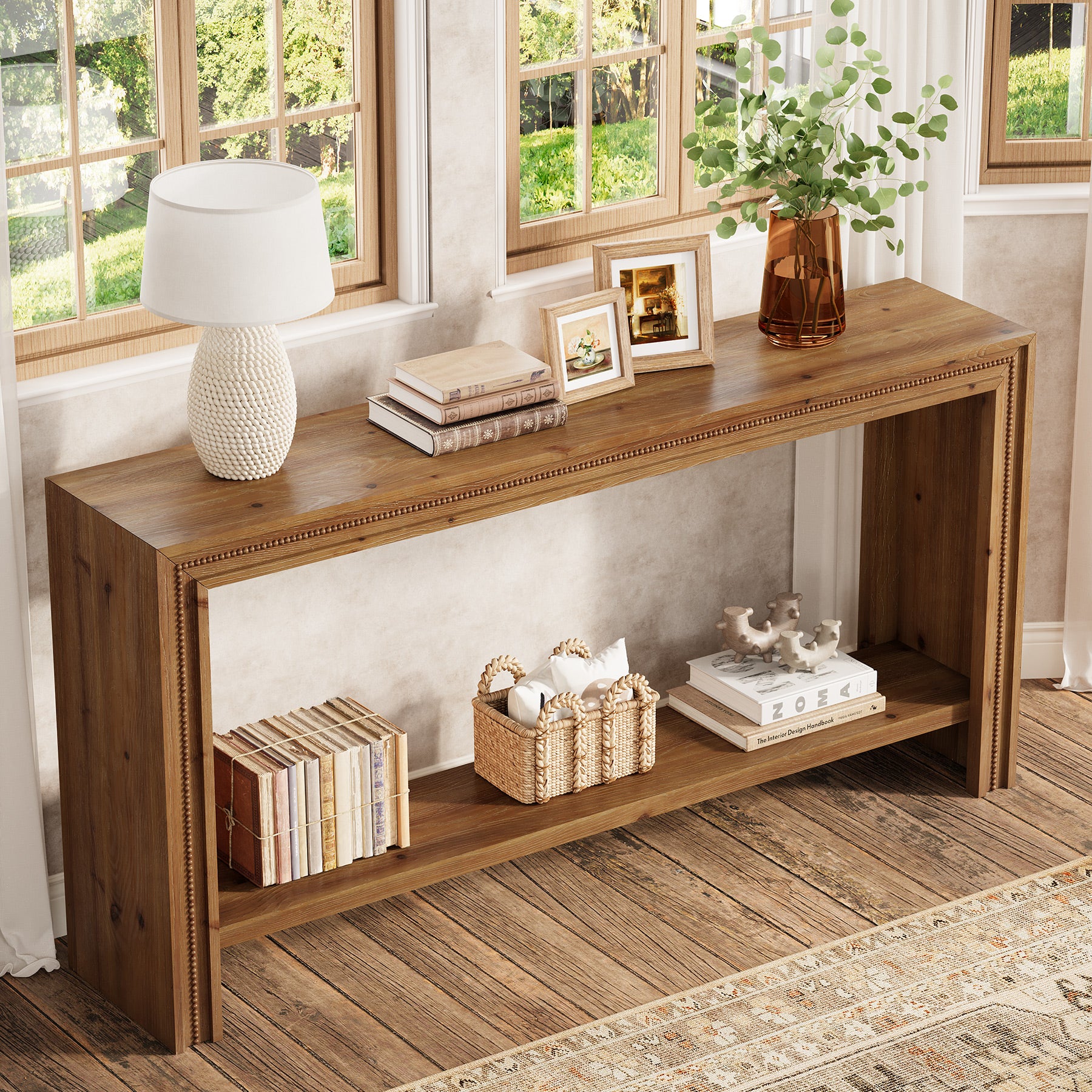 63" Solid Wood Console Table, Narrow Entryway Table with 2-Tier Storage Shelf