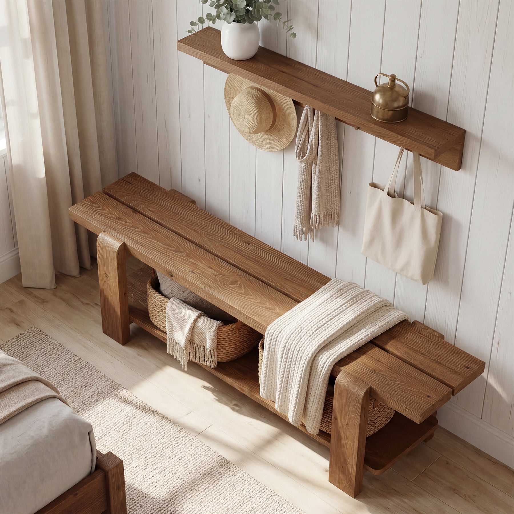 Tribesigns 63" Solid Wood Entryway Bench, Farmhouse Shoe Storage Bench for Hallway
