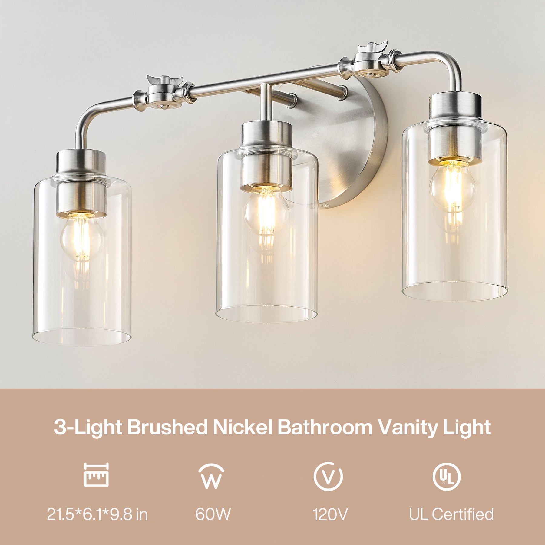 3-Light Bathroom Light Fixture, Modern Vanity Light with Clear Glass Shades