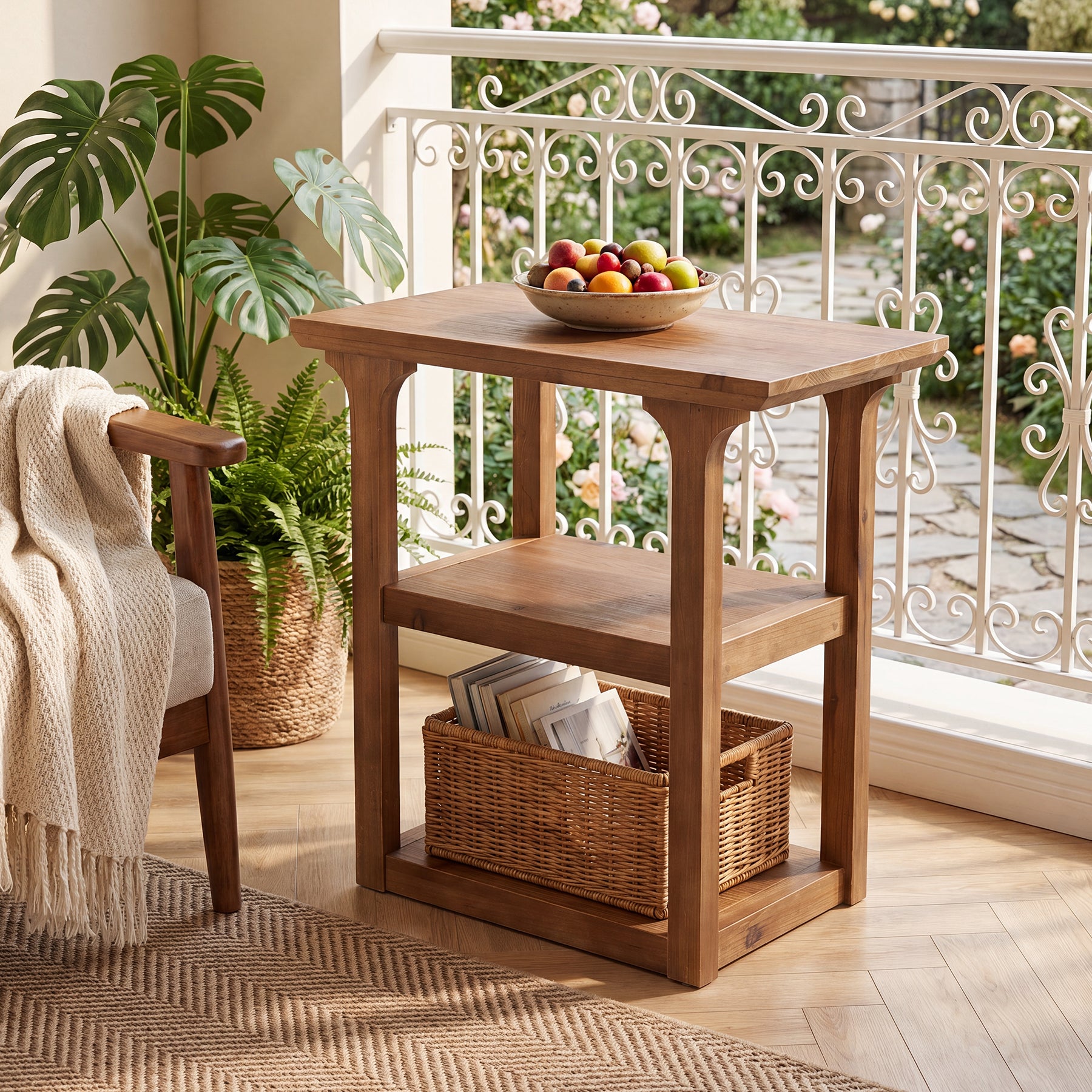 23.62" Solid Wood End Table, Farmhouse Side Table with 3-Tier Shelf for Living Room