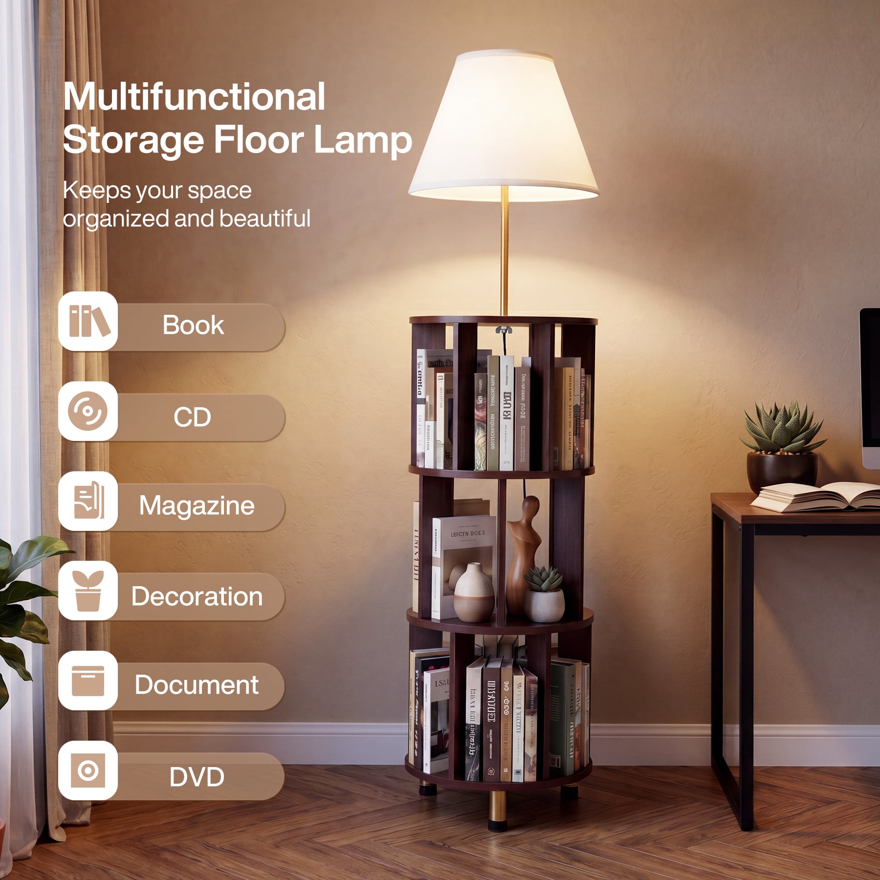 Floor Lamp with 3-Tier Open Bookshelf, 62.2" Tall Standing Lamp for Home Office