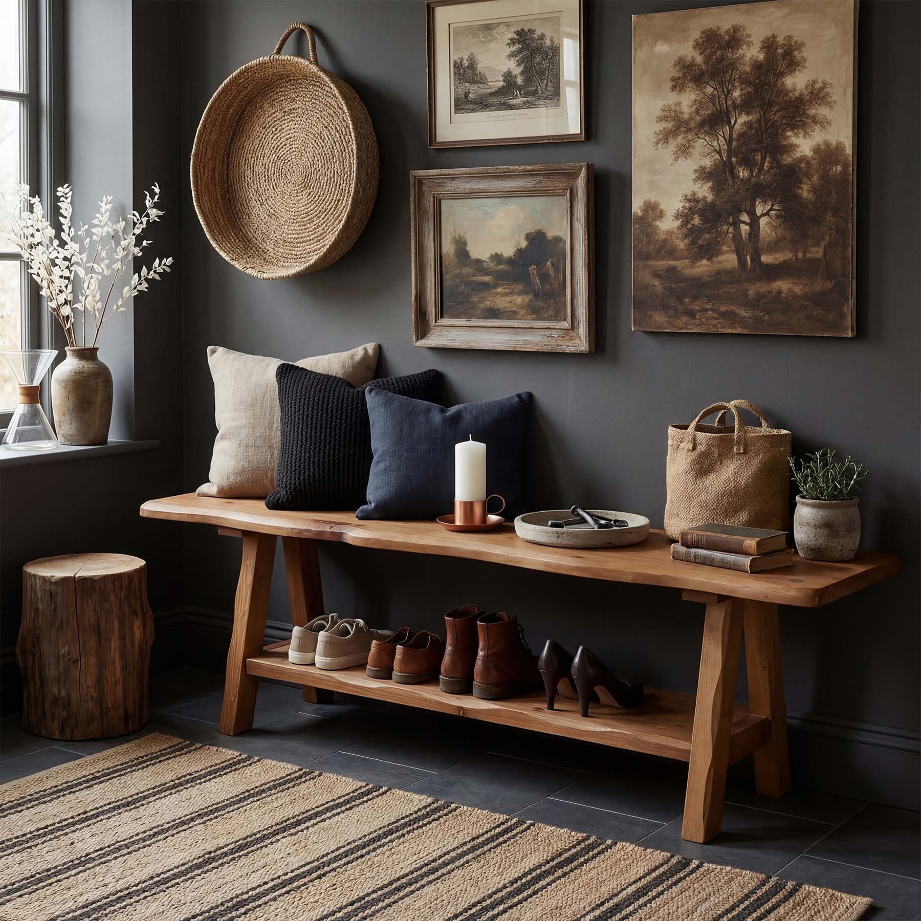 55 Inch Solid Wood Entryway Bench, Farmhouse Live Edge Bench