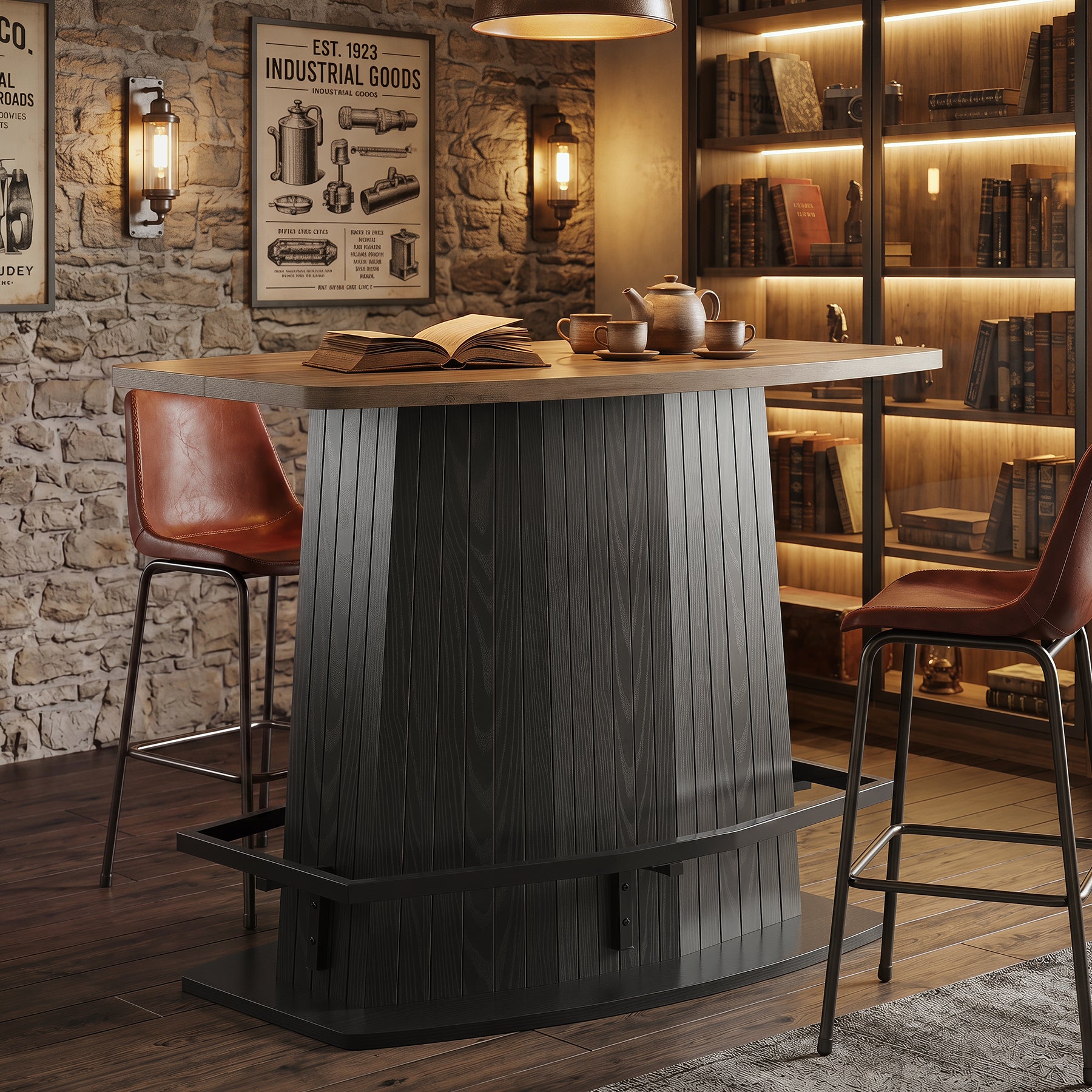 47" Bar Table, Industrial Counter Height Pub Table with Fluted Pedestal Base