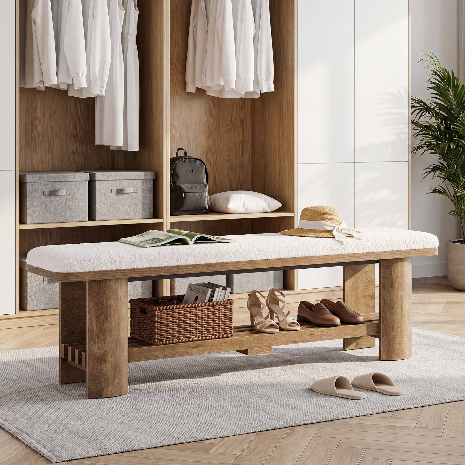 62.9" Entryway Bench with Storage, Upholstered Shoe Bench with Faux Lamb Wool Cushion