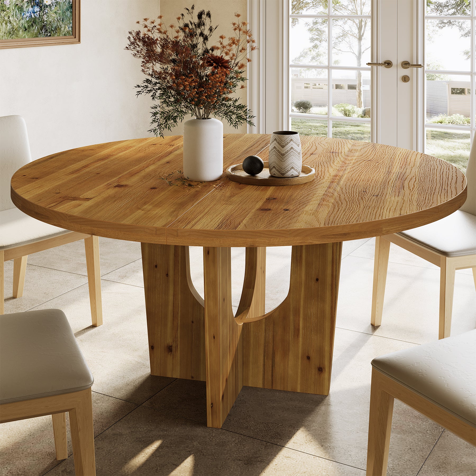 Solid Wood Round Dining Table, 47.2" Farmhouse Kitchen Table for 4-6 People