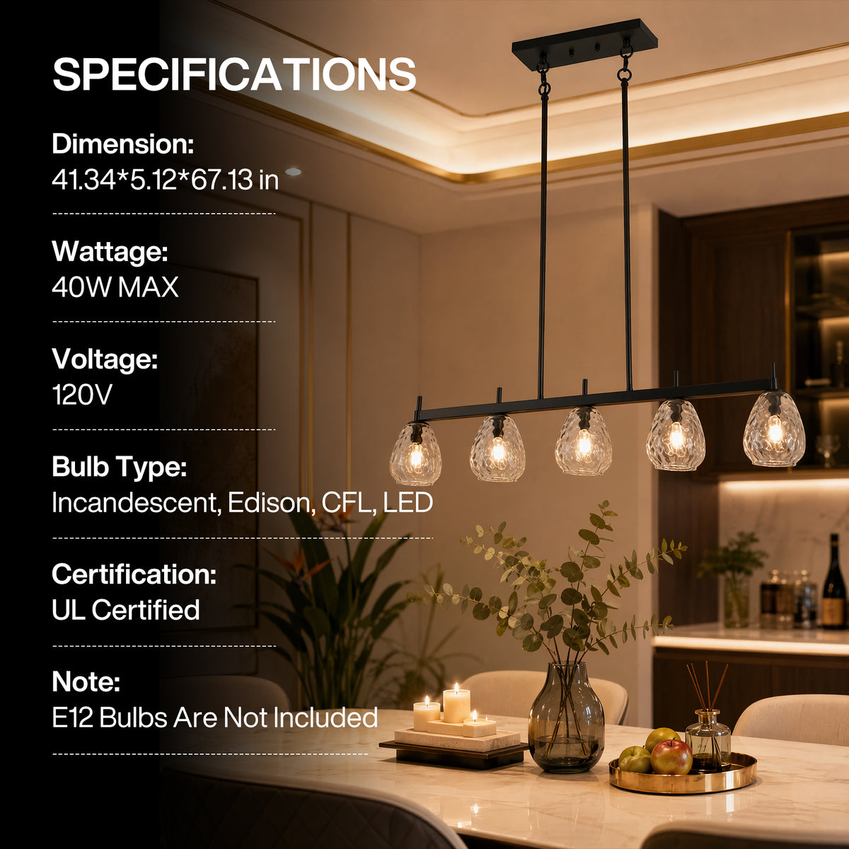 5-Light 41" Black Linear Pendant Light, Kitchen Island Light with Clear Glass Shade