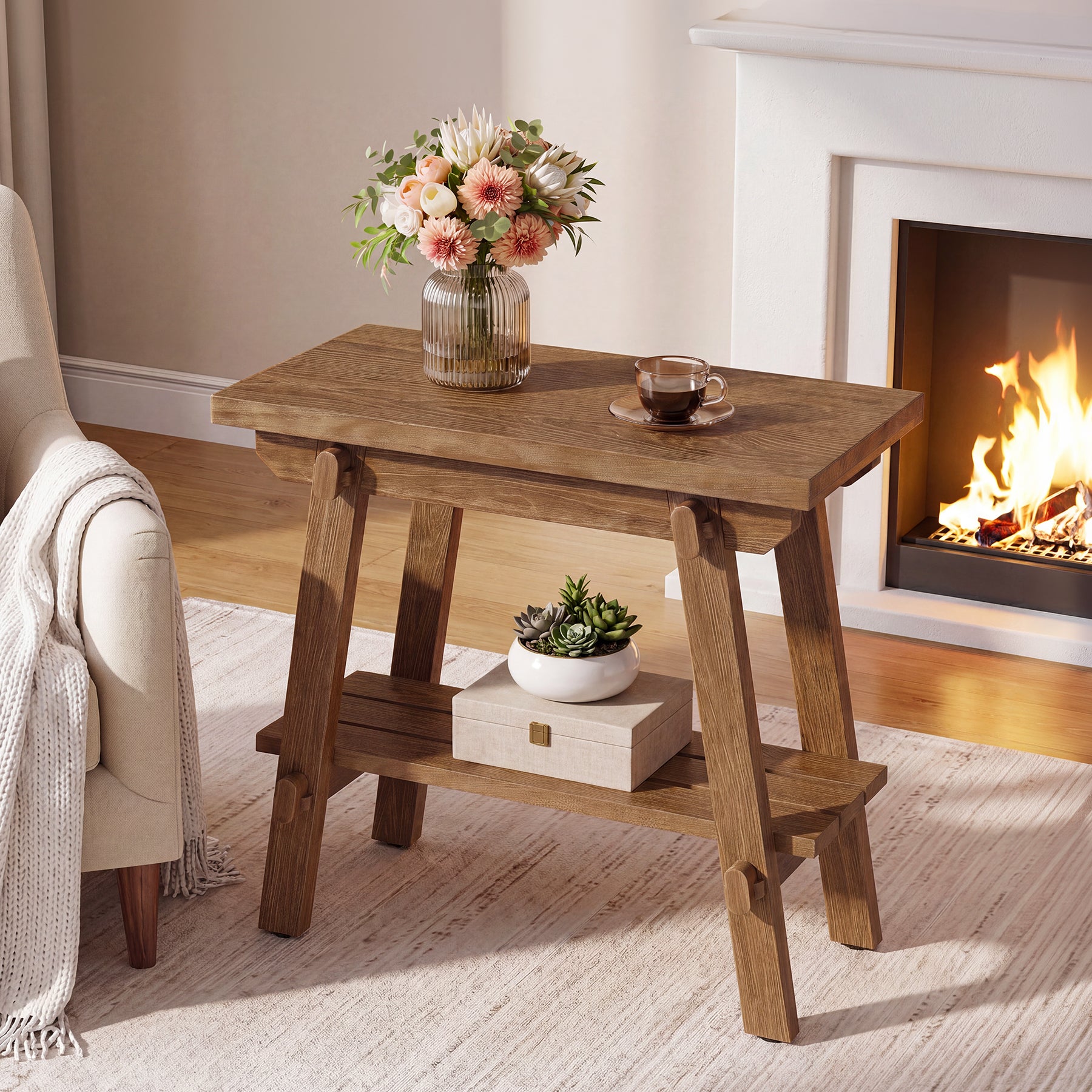 Solid Wood End Table, 23.6" Narrow Couch Side Table Nightstand for Small Spaces