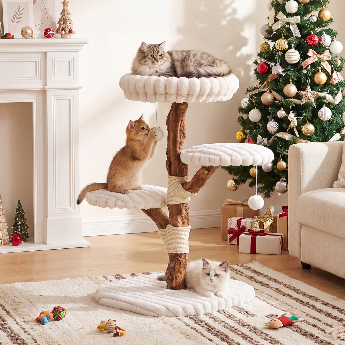 32" Tall Solid Wood Cat Tree with Scratching Posts, Modern Multi-Level Kitten Tower