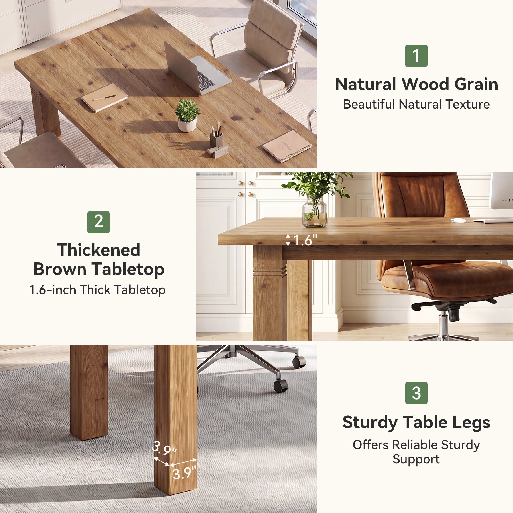 63" Solid Wood Computer Desk, Farmhouse Executive Desk with Heavy-Duty Legs