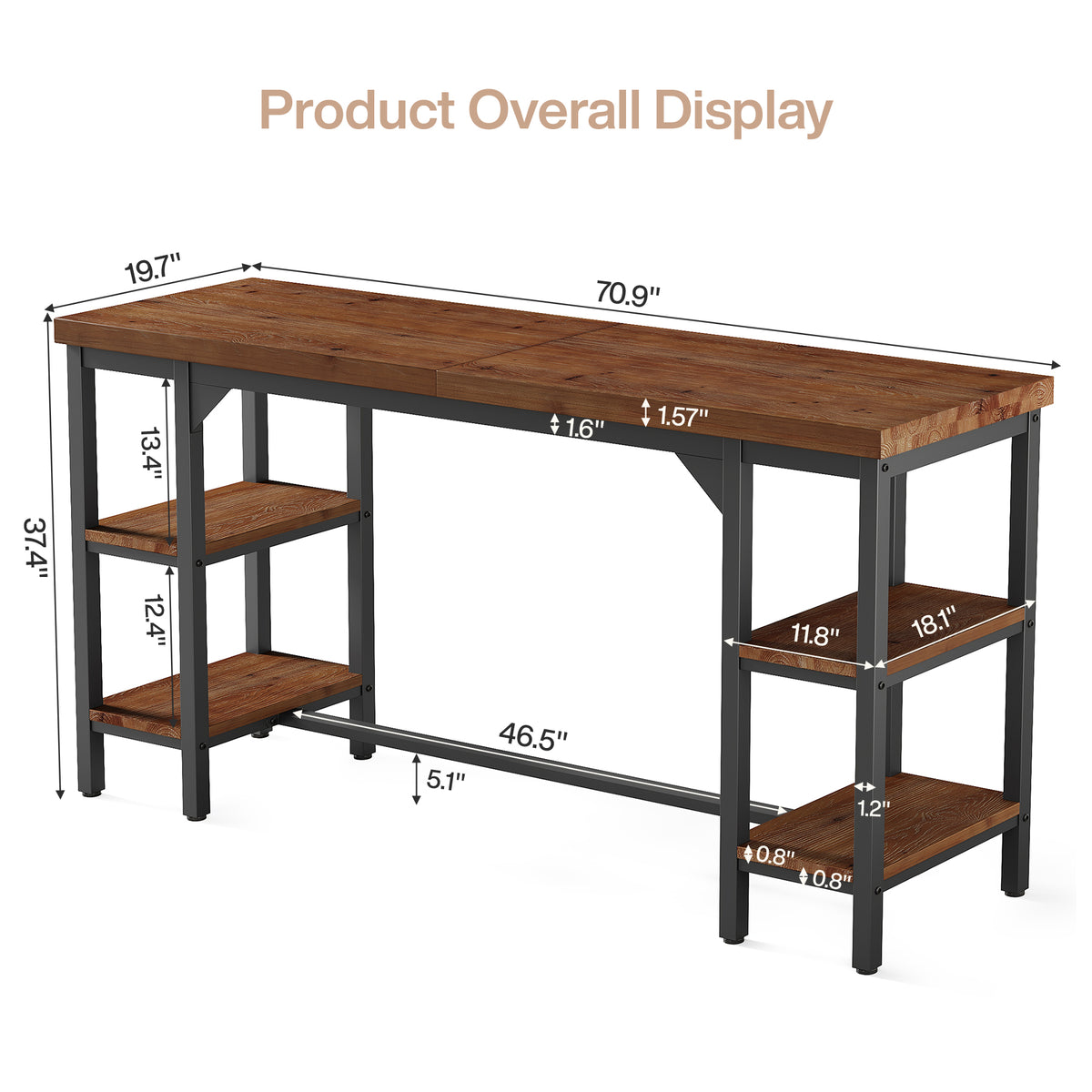 79" Industrial Bar Height Table with 2-Tier Side Storage, Rectangular Pub Table
