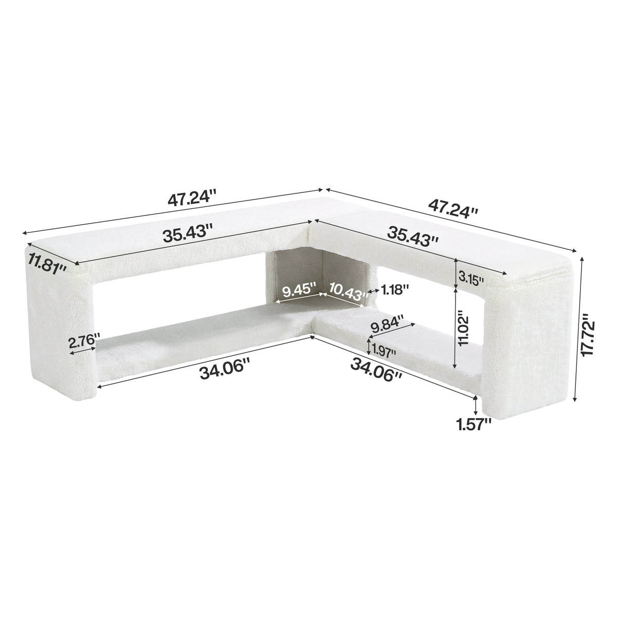 L-Shaped Corner Shoe Bench, Off-White Arctic Velvet Upholstery, Thick Padded Seat