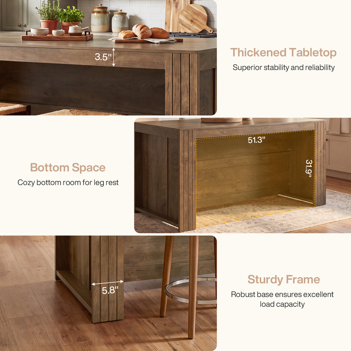 63" Kitchen Island with Seating Space for 4, Wood Island Table with Two-Sided Legroom