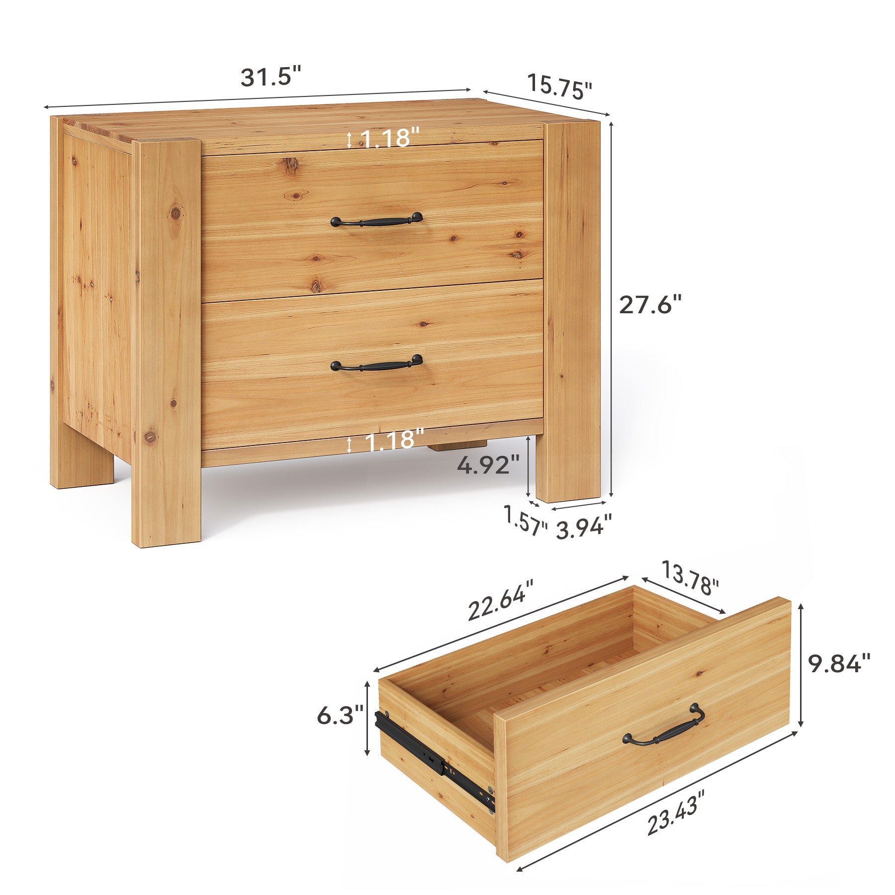 Solid Wood Nightstand, Oversize Bedside Table with 2 Drawers