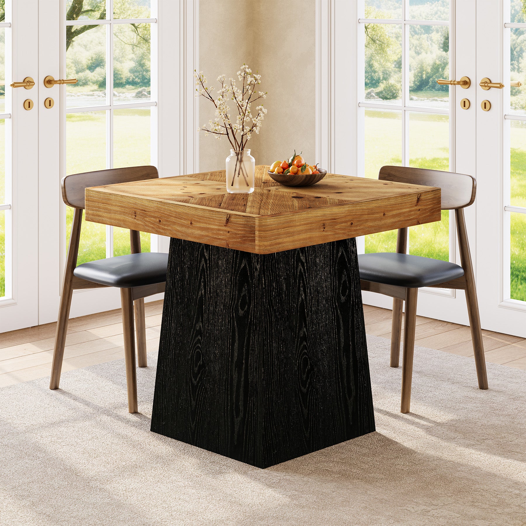 31" Solid Wood Square Dining Table for 2–4, Farmhouse Kitchen Table with Parquet Top & Tapered Base