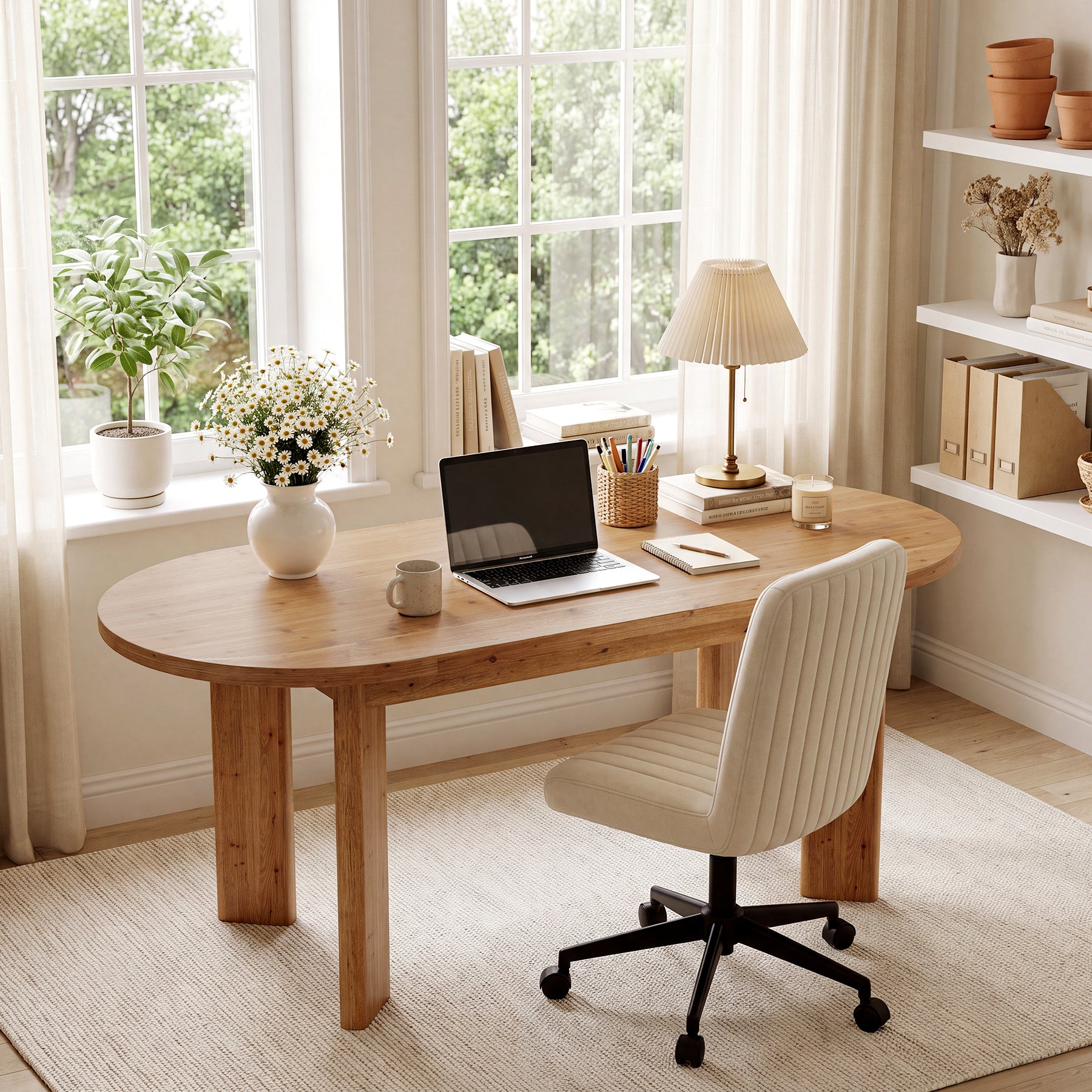 63" Oval Executive Desk, Office Solid Wood Computer Desk with Reinforced Frame