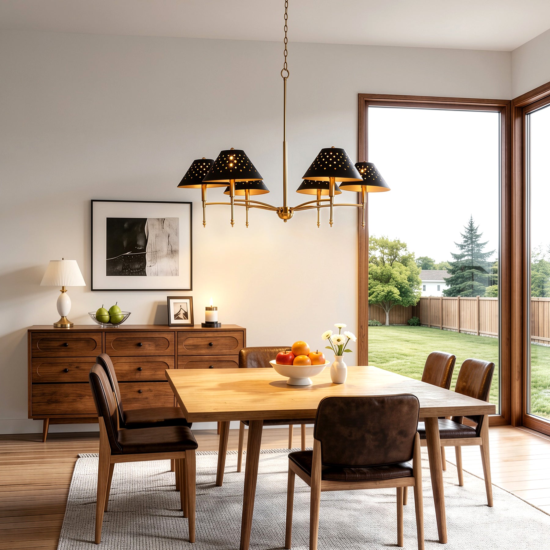 6-Light Chandelier with Matte Black Lampshade, 35" Farmhouse Height Adjustable Pendant Light Fixture