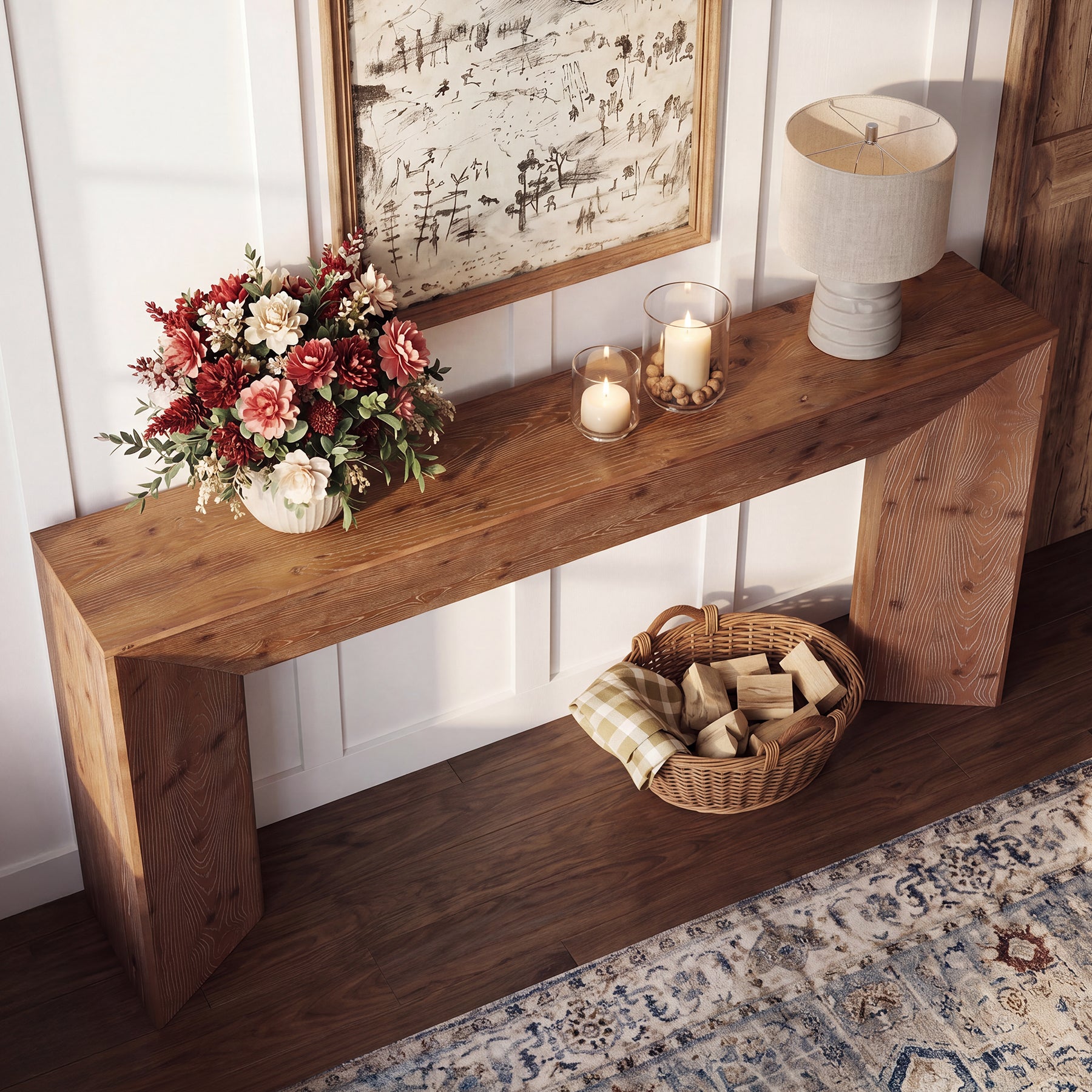 70.9"Solid Wood Console Table, Farmhouse Entryway Table with Hidden Back Storage for Hallway