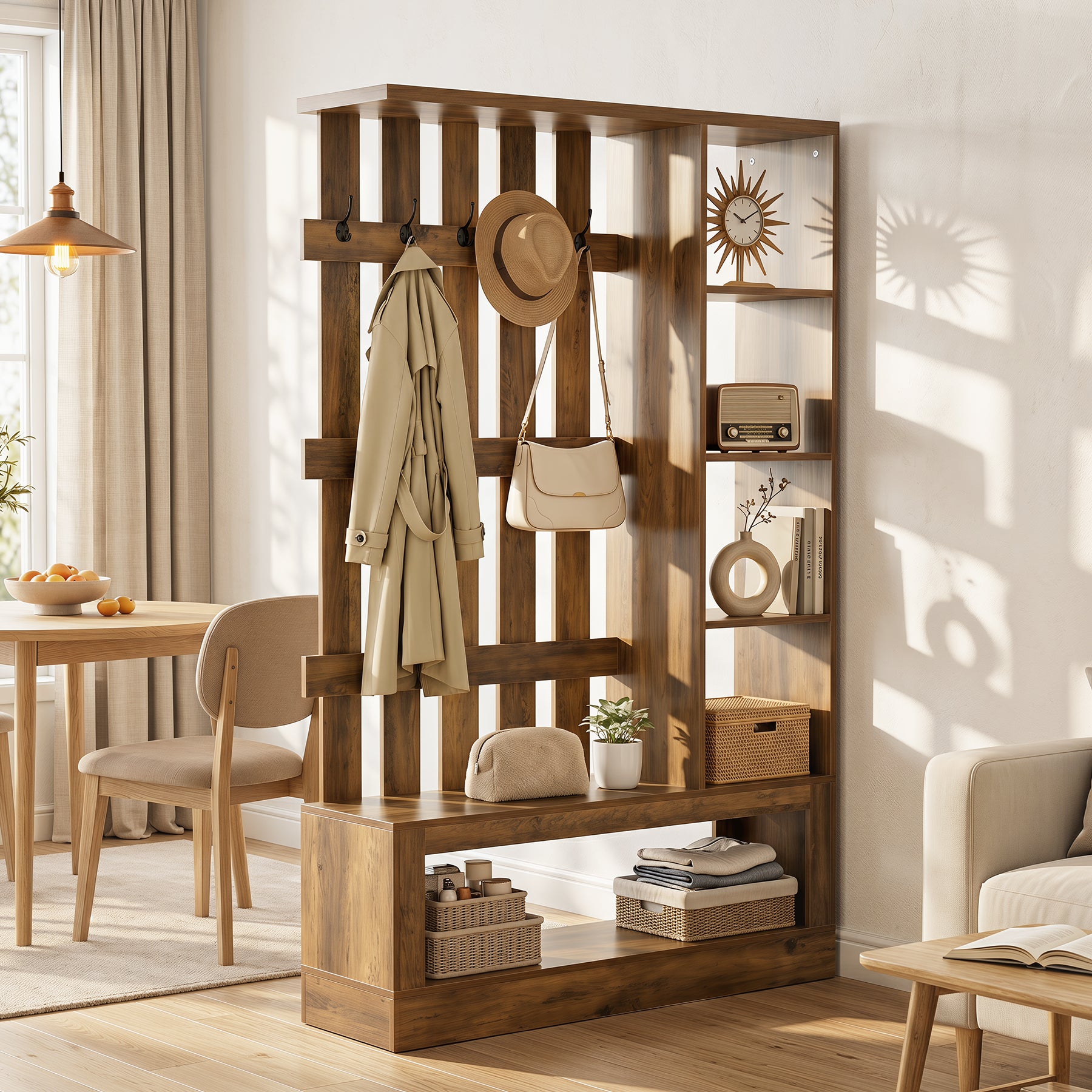 70.9'' Wall Room Divider With Shelves, Freestanding Wall Partition With Coat Rack