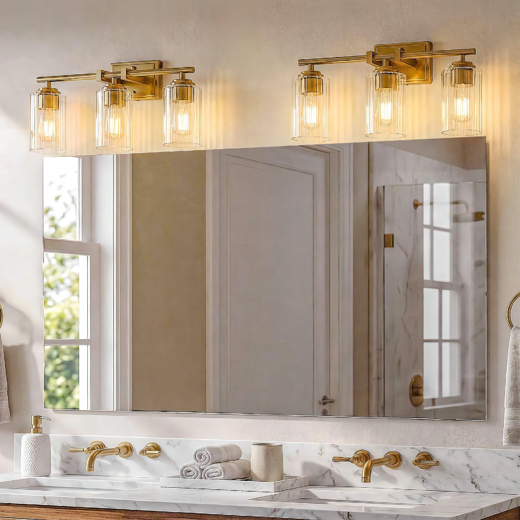 3-Light Bathroom Lighting, Adjustable Vanity Wall Sconce with Ribbed Glass Shades