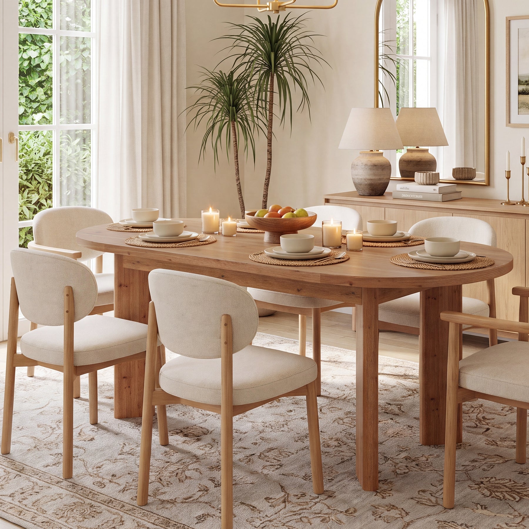63" Oval Dining Table, Farmhouse Solid Wood Kitchen Table with Chunky Legs for 4-6 People