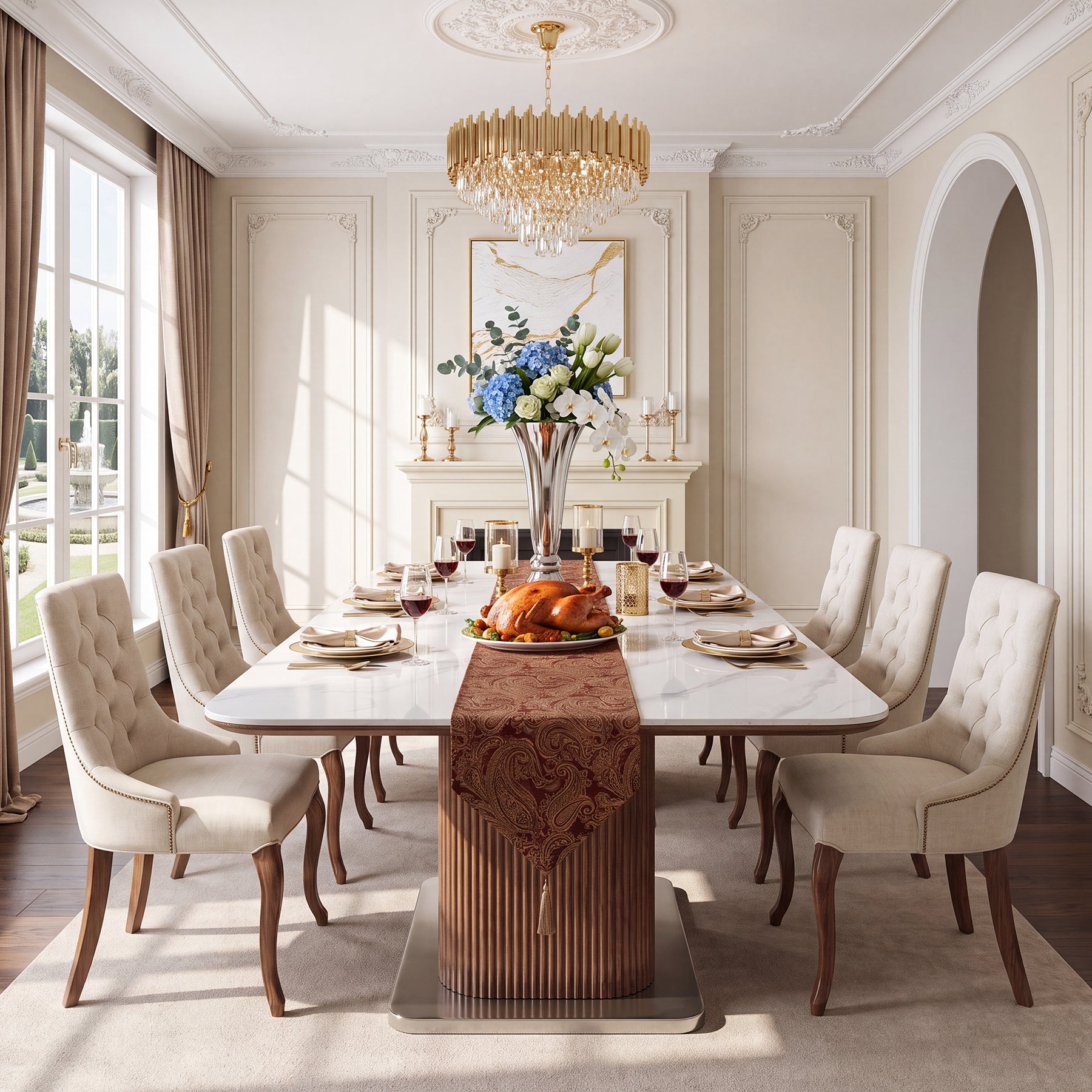 63" Sintered Stone Dining Table, Rectangle Kitchen Table with Solid Wood Fluted Base for 4-6