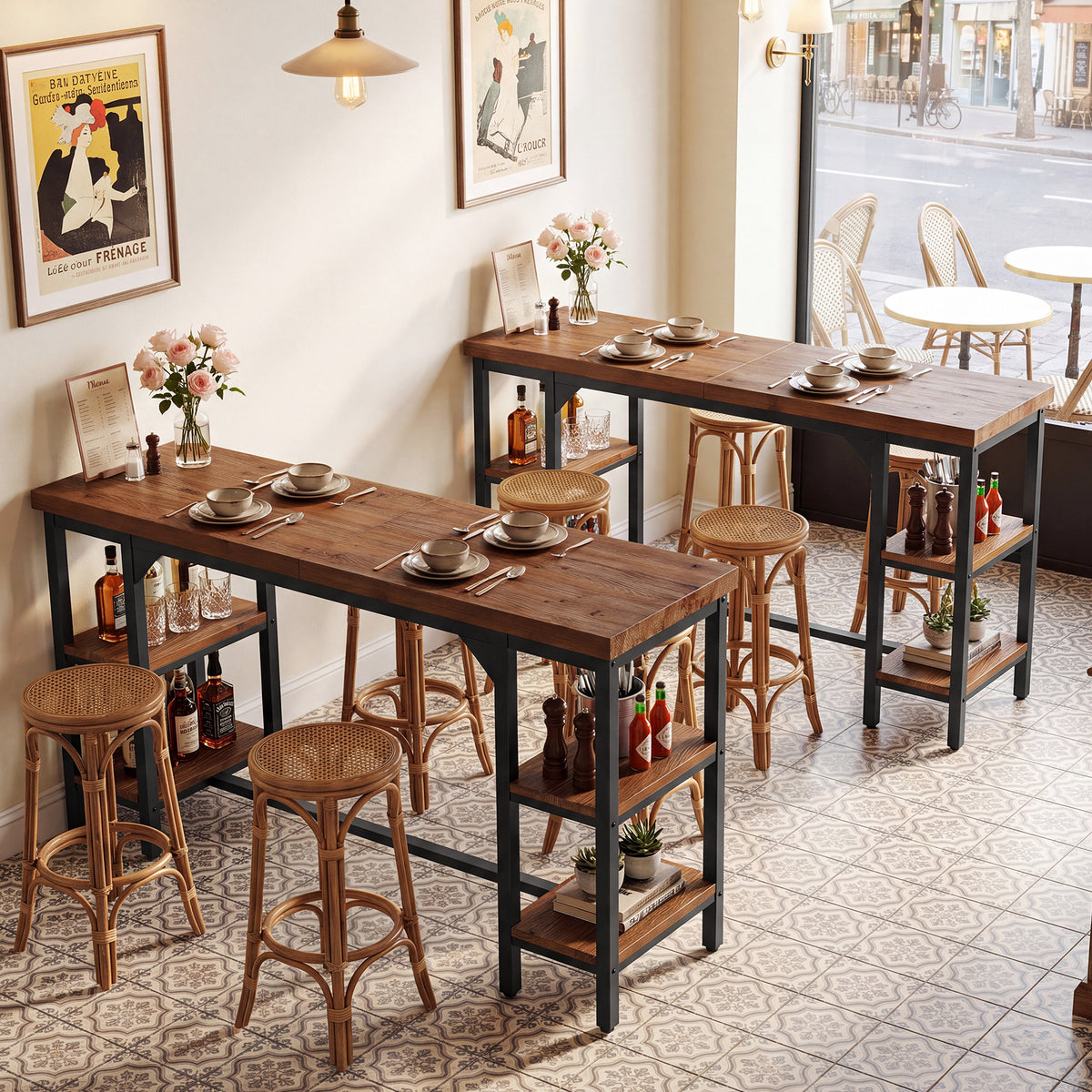 79" Industrial Bar Height Table with 2-Tier Side Storage, Rectangular Pub Table