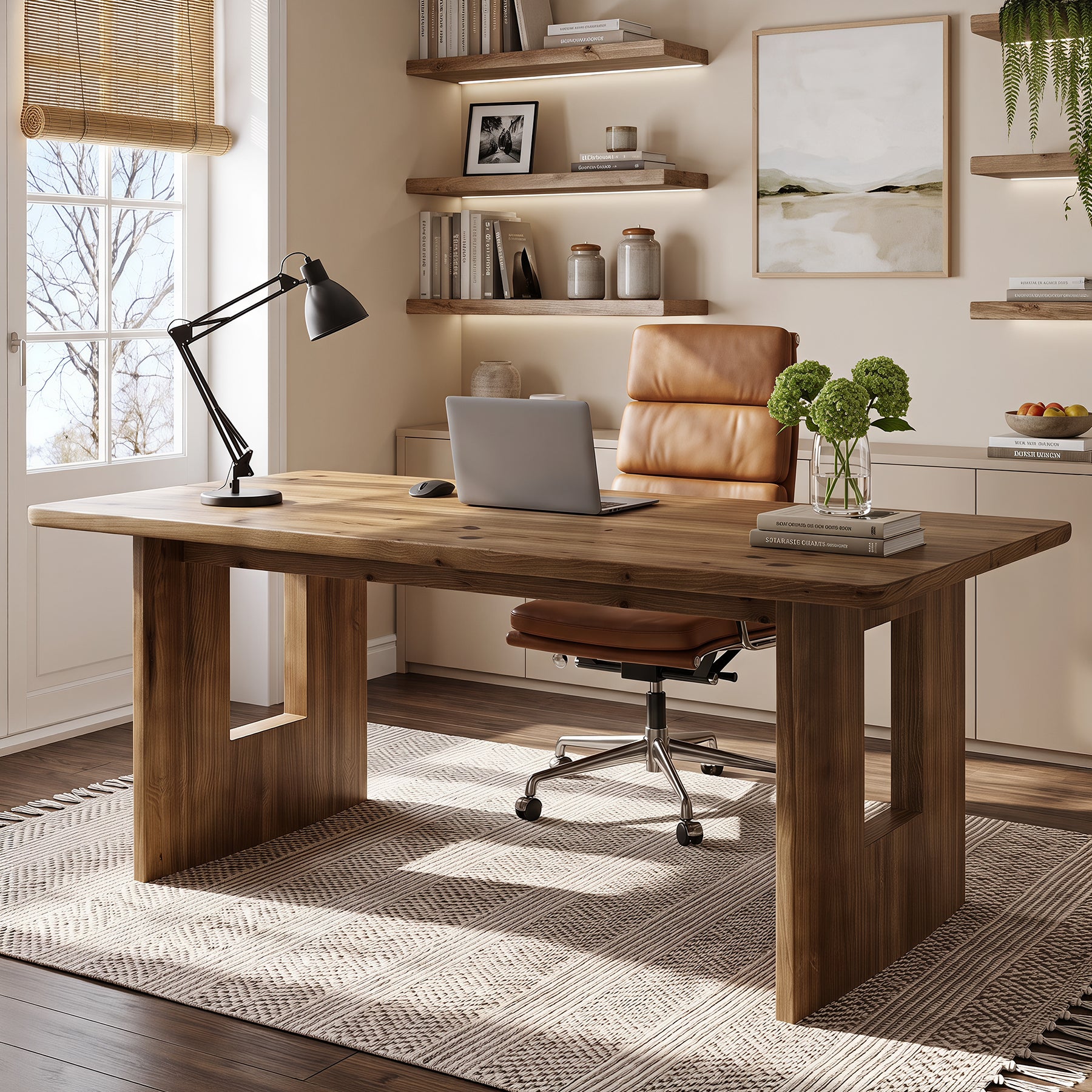 63" Solid Wood Computer Desk, Home Office Executive Desk with Sturdy Frame