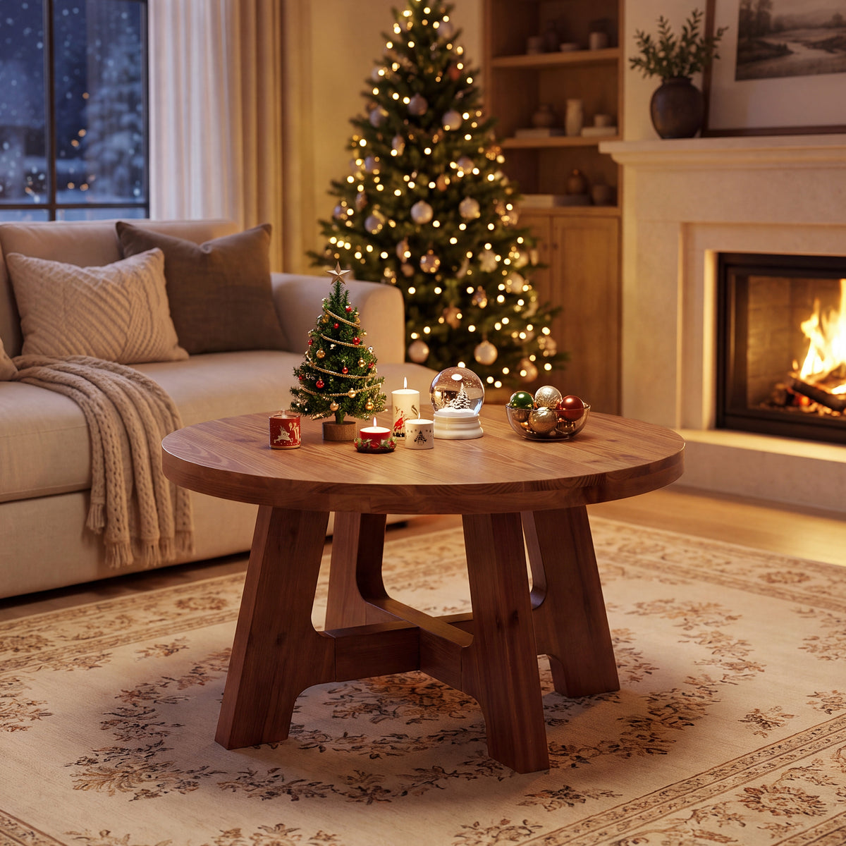 32" Round Solid Wood Coffee Table, Farmhouse 2" Thick Top & Tapered Legs
