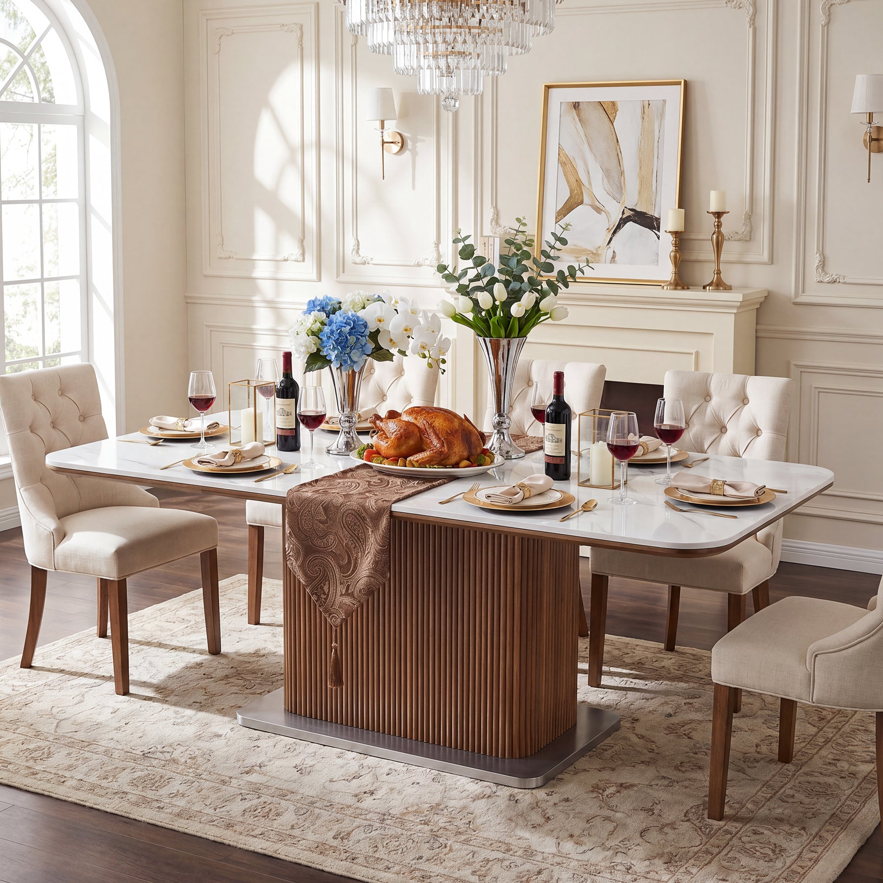 63" Sintered Stone Dining Table, Rectangle Kitchen Table with Solid Wood Fluted Base for 4-6