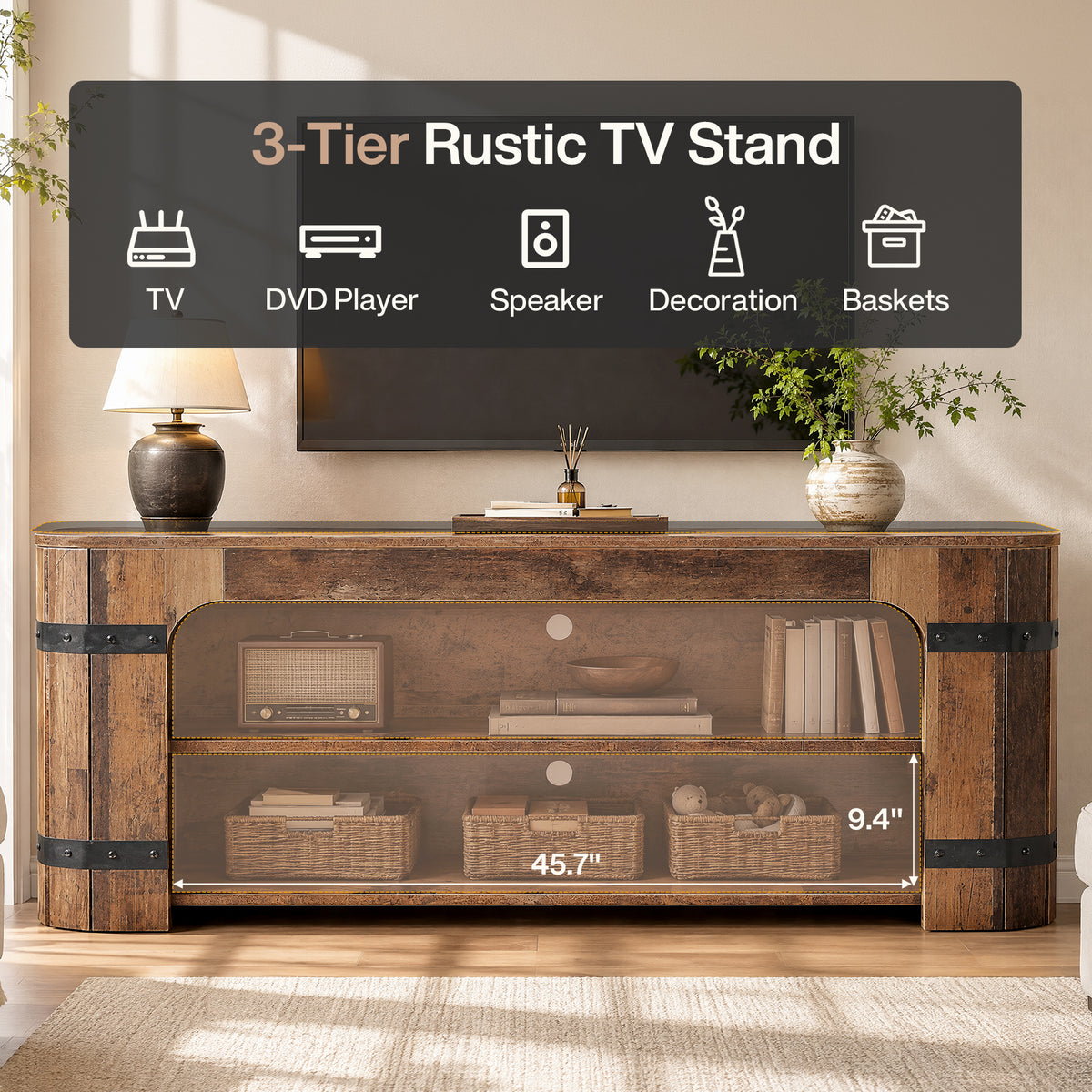 63" TV Stand for 70" TVs, 3-Tier Entertainment Center with 2 Cable Cutouts for Living Room