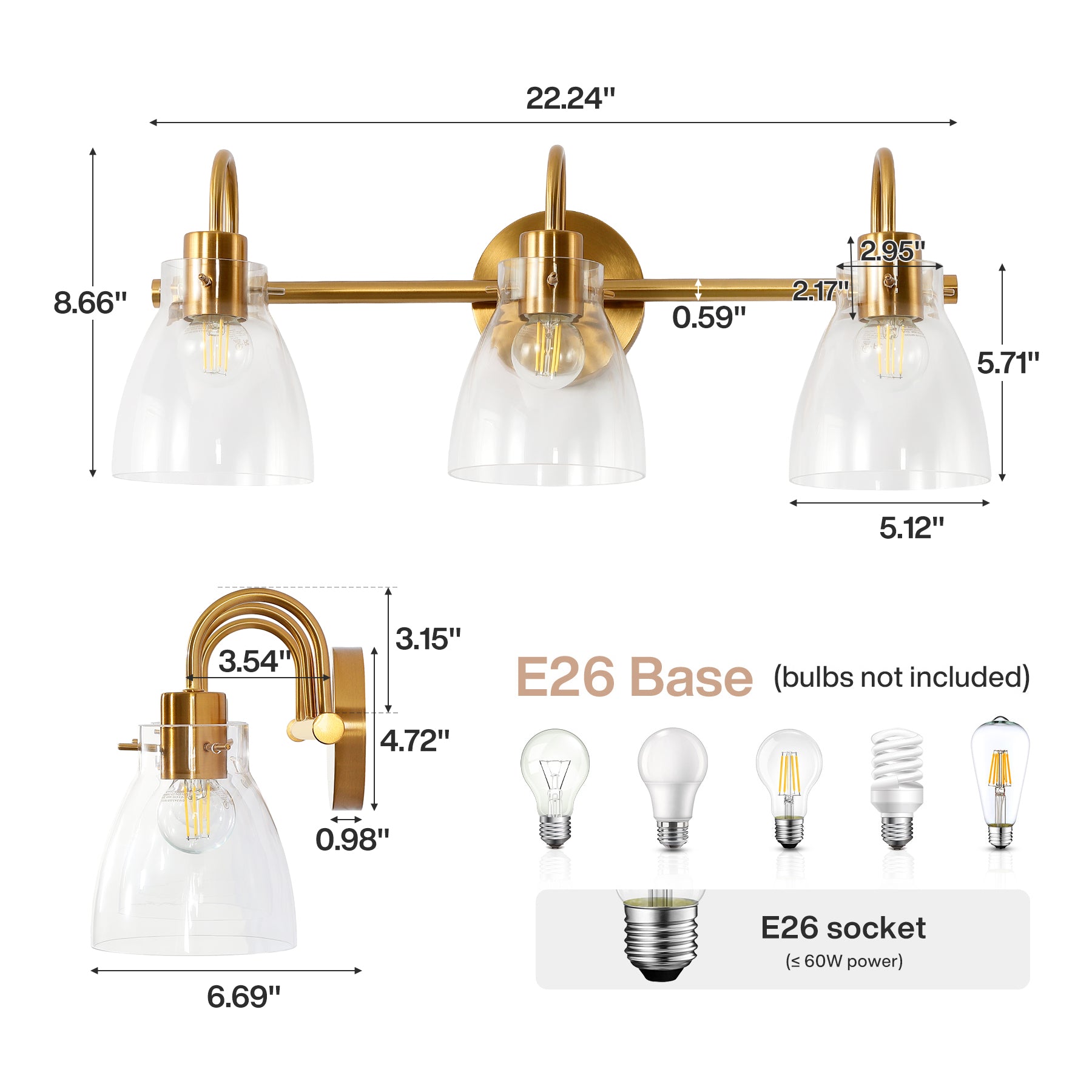 Bathroom Light Fixtures, 3-Light Vanity Lights with Clear Glass Shade