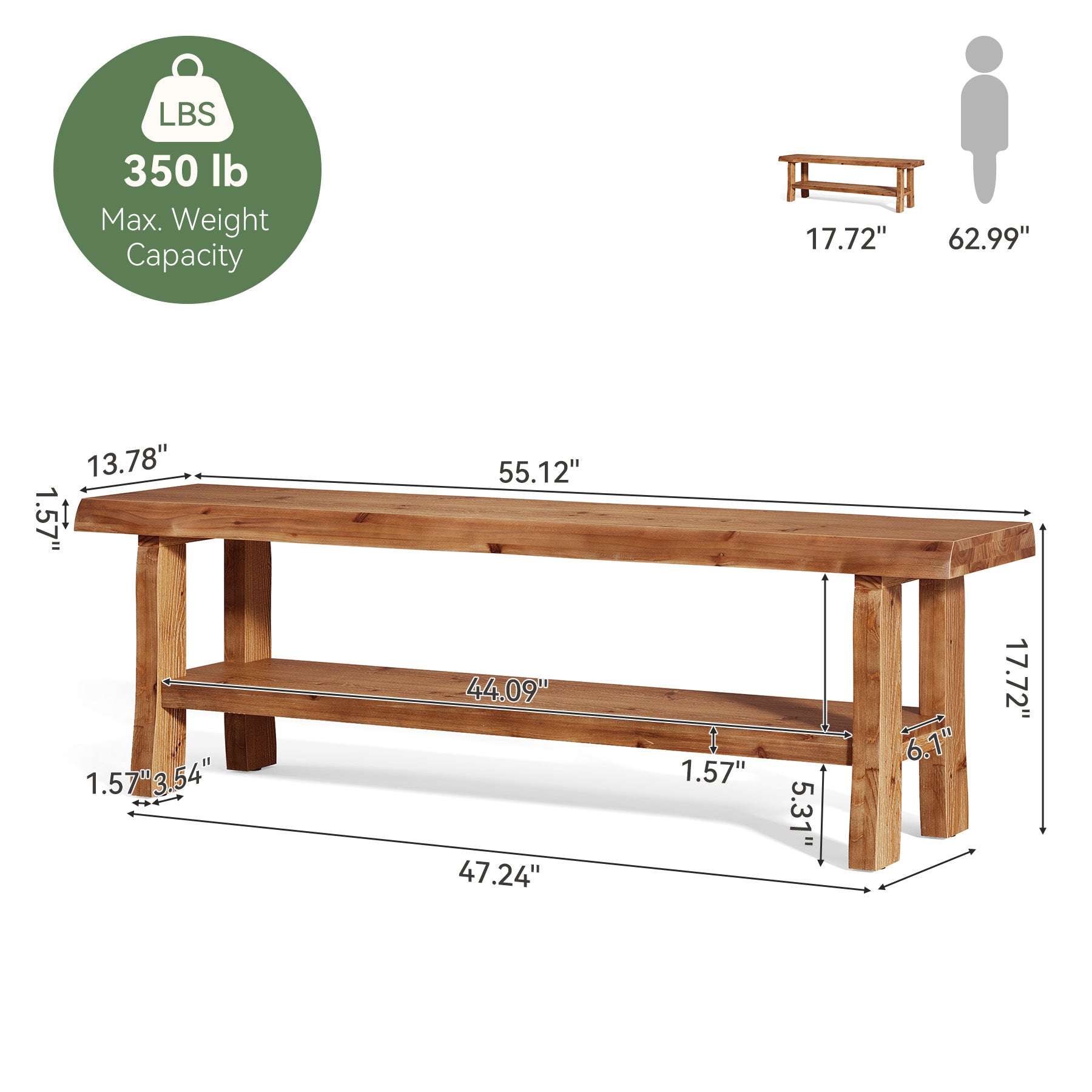 Solid Wood Dining Bench, 55" Farmhouse Kitchen Bench with Storage
