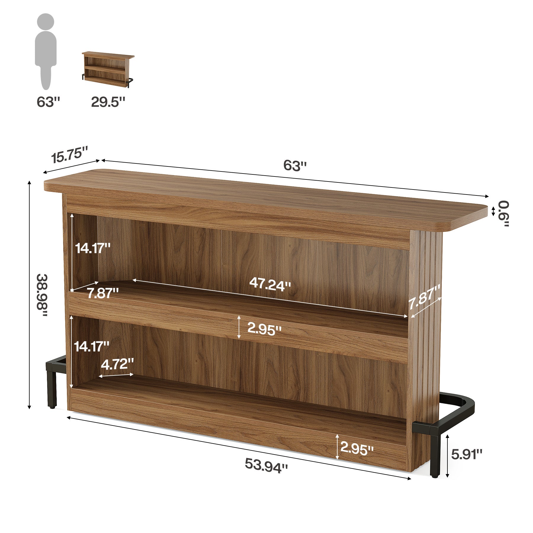 63" Bar Table with Storage Shelves, Modern Mini Home Bar Unit with Metal Footrest