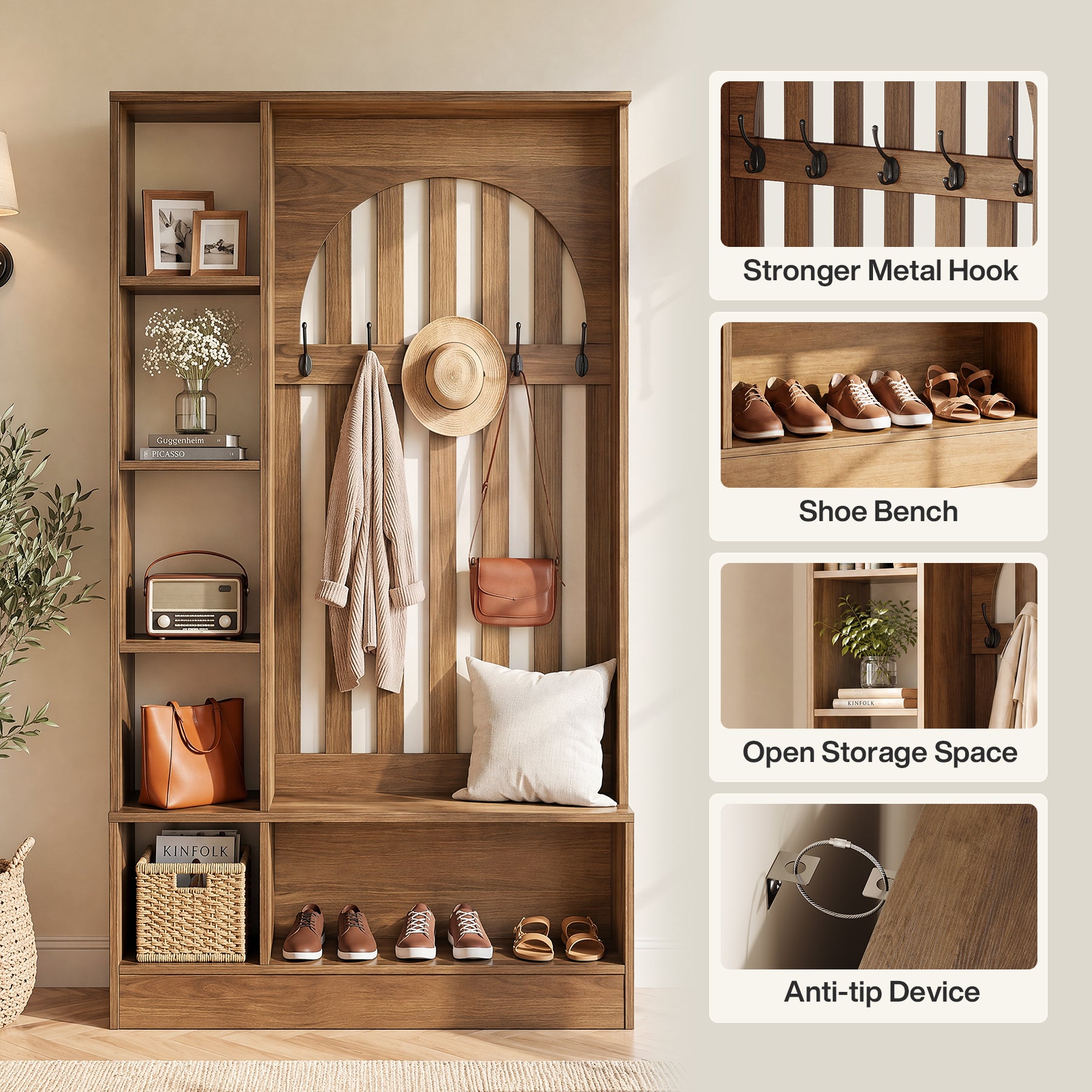 70.9" Freestanding Hall Tree, Furniture Organizer with Bench and Coat Rack